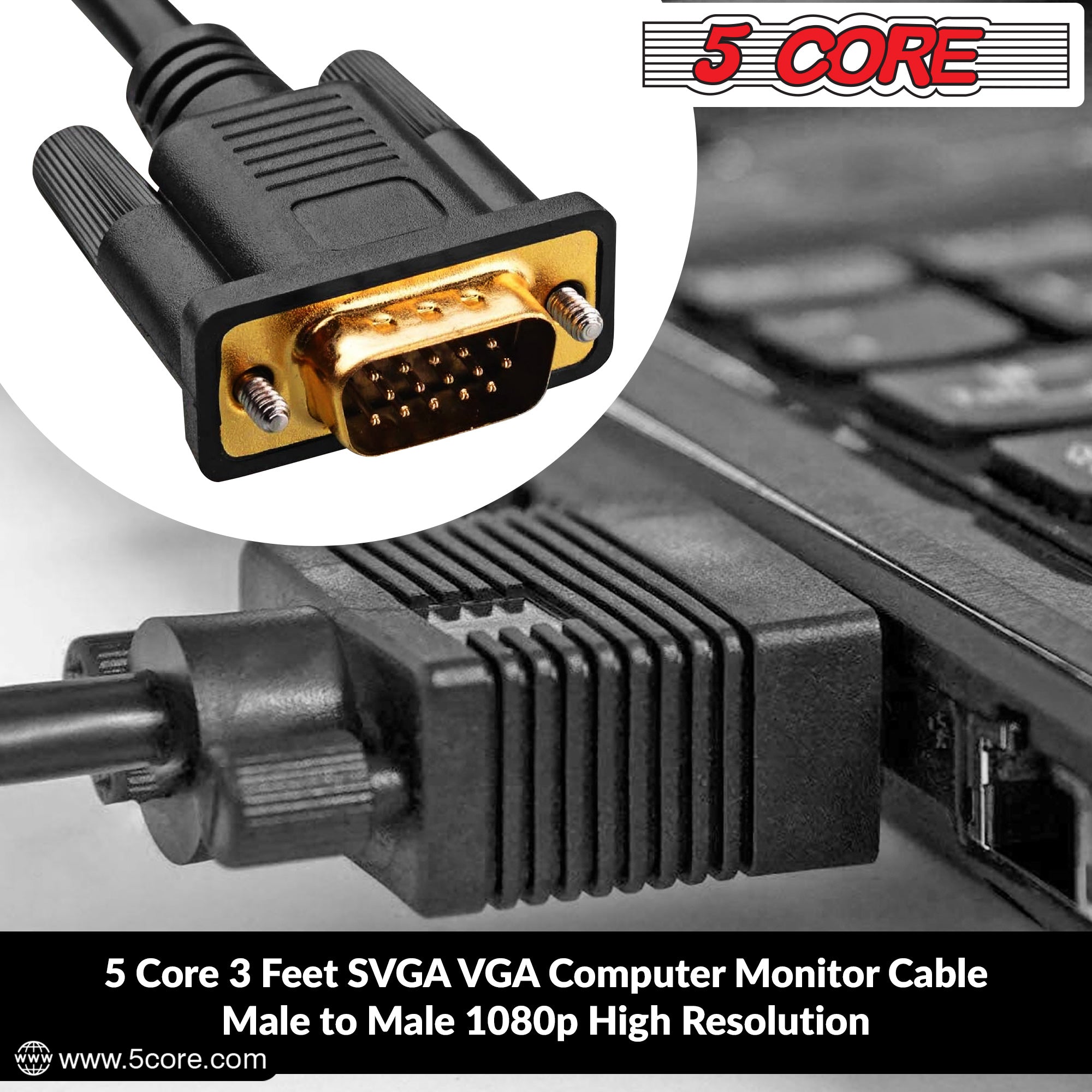 5 Core VGA to VGA Cable • 6Ft 15 Pin VGA Male to Male HD Video Transmission Extension Monitor Cord