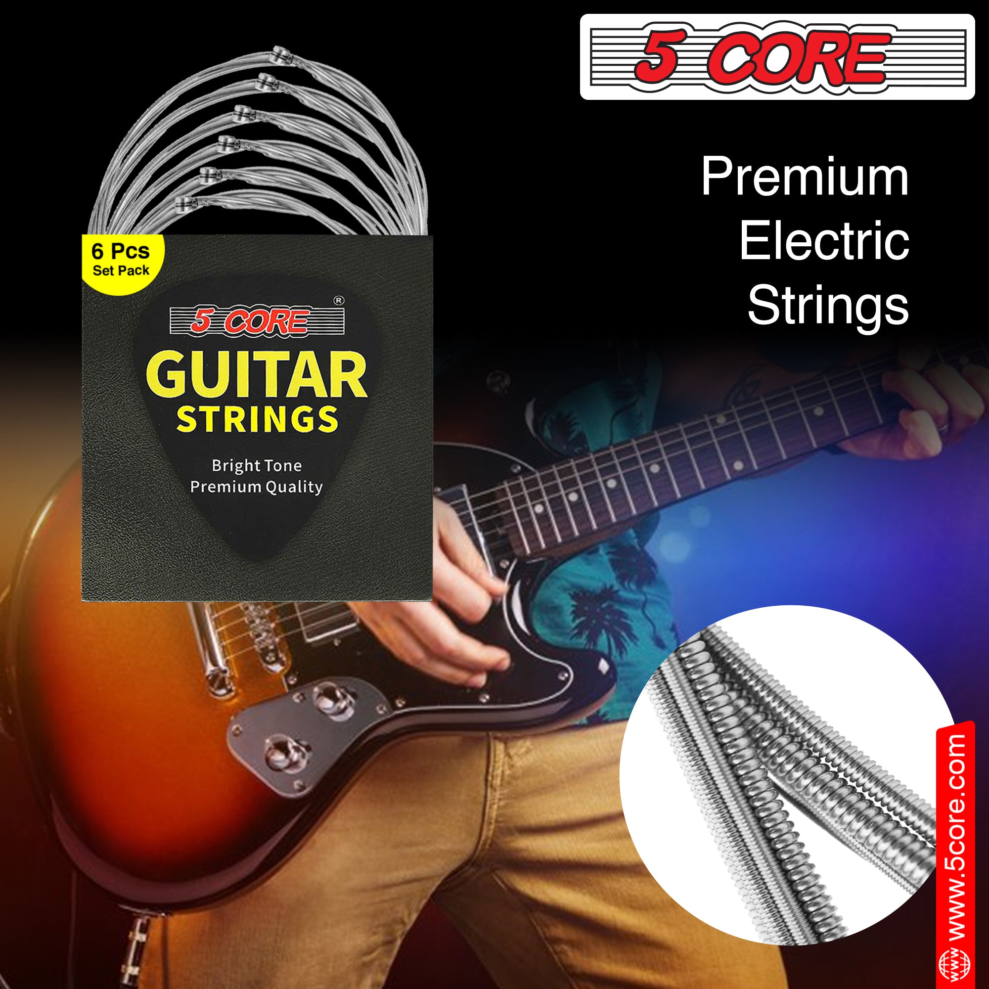 5 Core Electric Nickel Guitar Strings • 0.009-.042 Gauge w Deep Bright Tone for 6 String Guitars