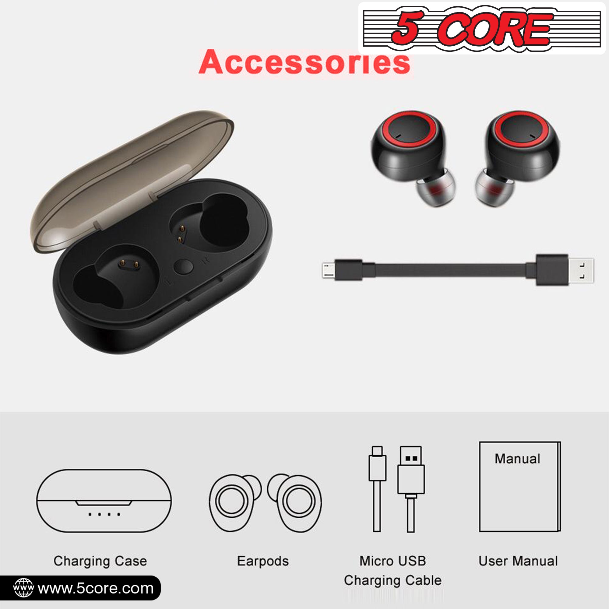 5Core Wireless Ear Buds  Mini Bluetooth Noise Cancelling Earbud Headphones 32 Hours Playtime IPX8