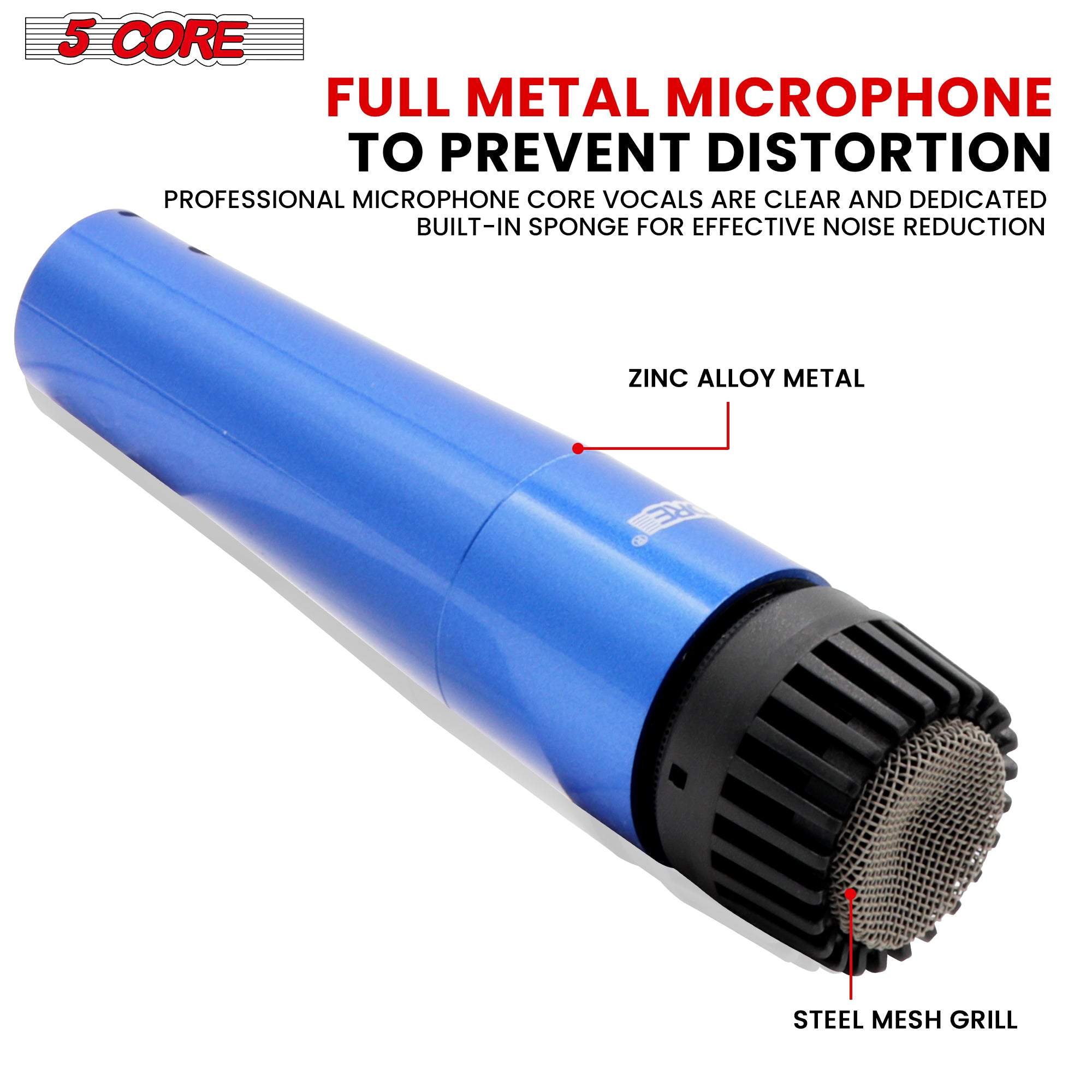 5 Core Drum Microphone Kit 9 Piece Wired Full Metal Dynamic Wired drums Mic Set for Drummers w/ Kick Bass Tom Snare + Silver Carrying Case Sponge & Thread Holder for Vocal & Other Instrument - DM 9RND BLU