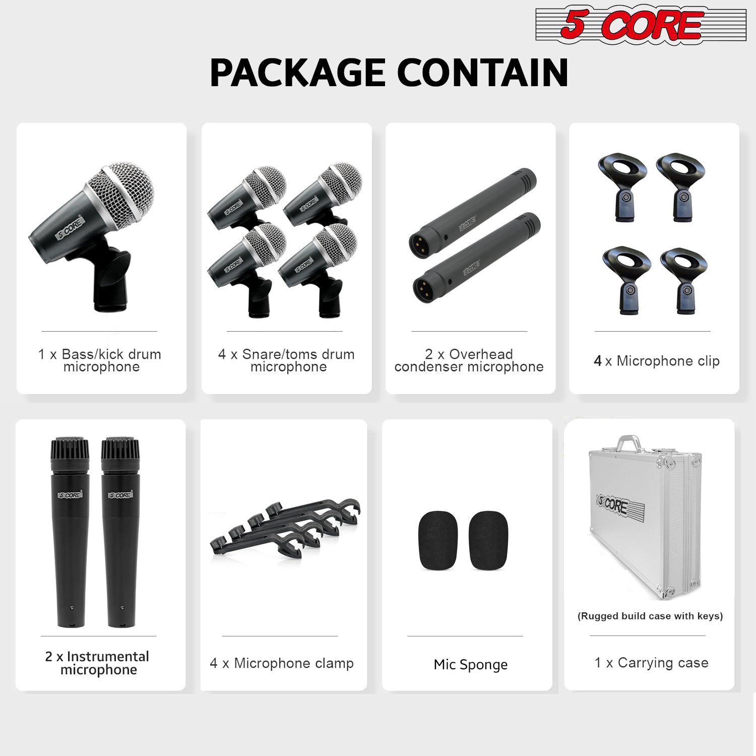 5 Core 9 Piece Drum Microphone Kit include accessories