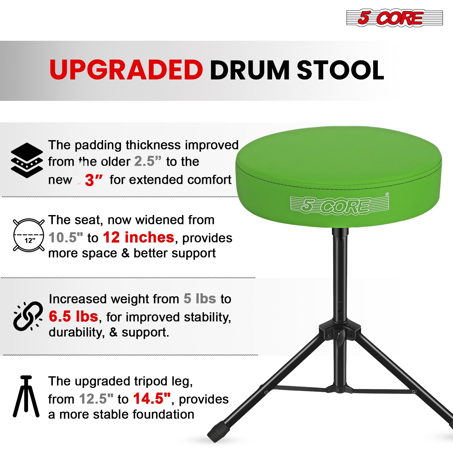 5Core Drum Throne Adjustable Guitar Stool Padded Drummer Seat for Adults & Kids GREEN