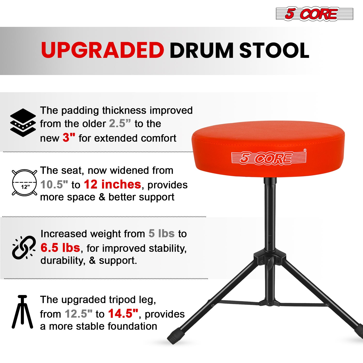 5Core Drum Throne Adjustable Guitar Stool Padded Drummer Seat for Adults & Kids ORANGE