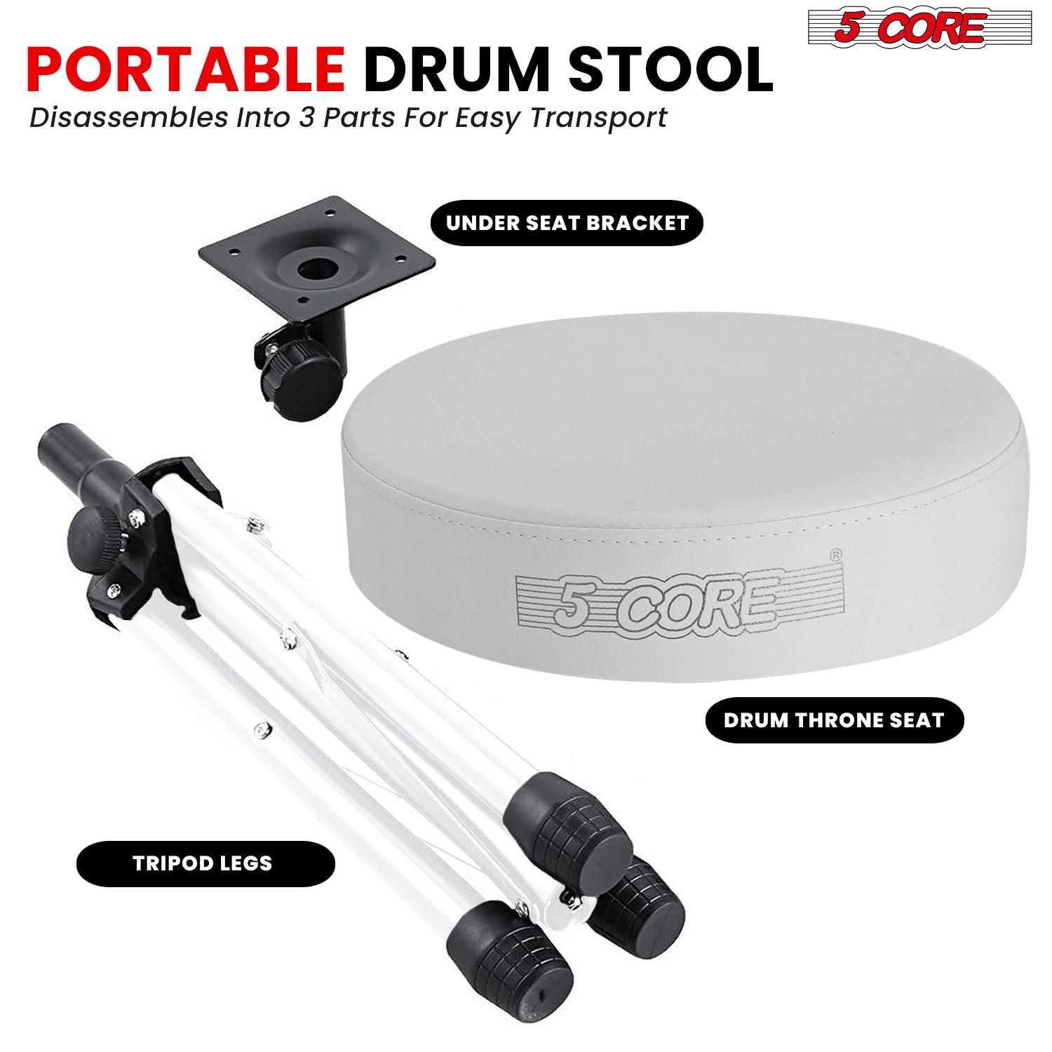 5Core Drum Throne Adjustable Guitar Stool Padded Drummer Seat for Adults & Kids WHITE