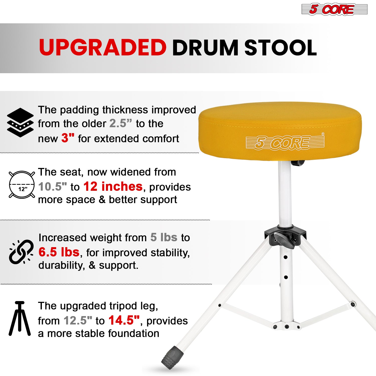 5Core Drum Throne Adjustable Guitar Stool Padded Drummer Seat for Adults & Kids YELLOW