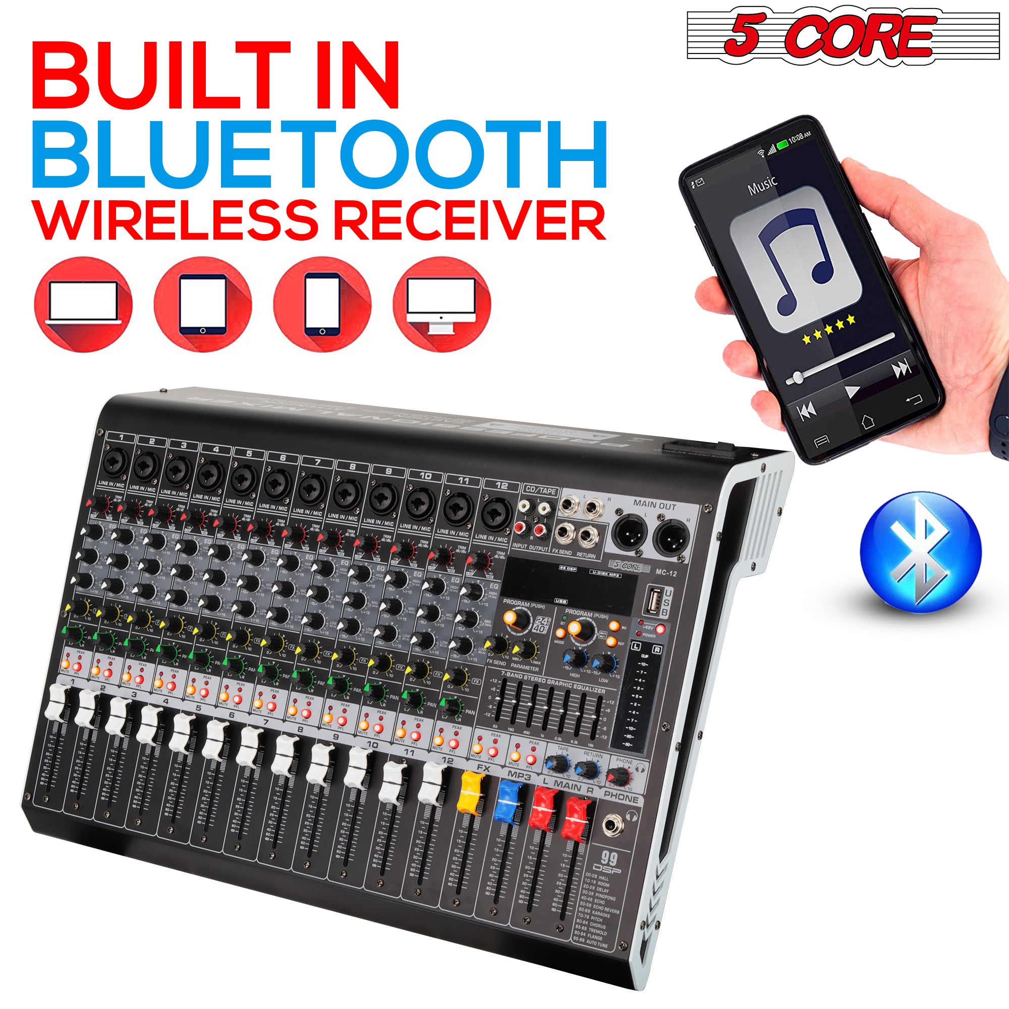 5Core Audio DJ Mixer 12 Channel Sound Board L Shape w Bluetooth  USB  99 DSP Effects 48V Phantom Power