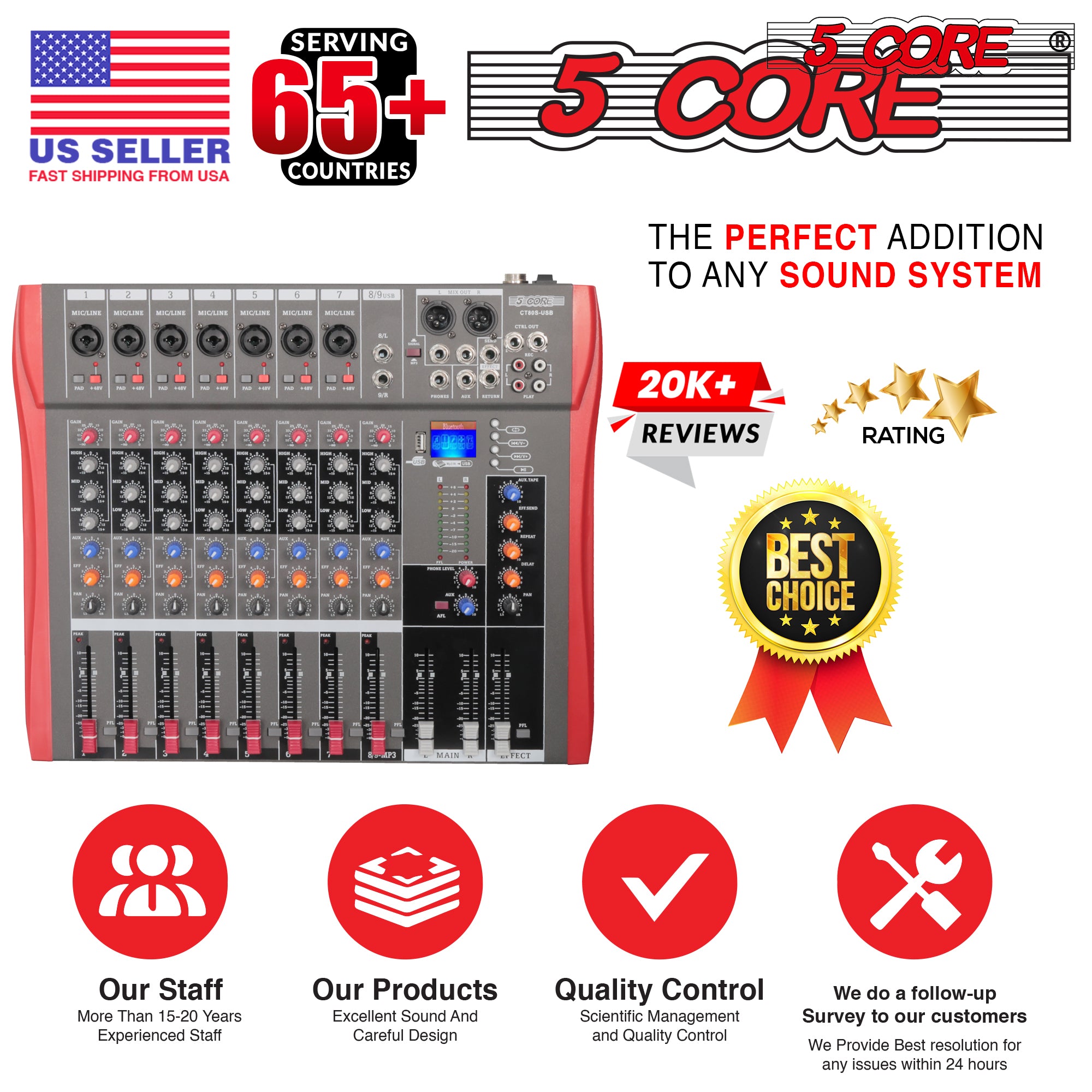 5 Core Audio Mixer DJ Equipment Digital Sound Board Karaoke XLR Mixers Professional 8 Channel Bluetooth USB w Effects for Recording Music Studio PC Podcast Instruments Consola De Sonido - MX 8CH