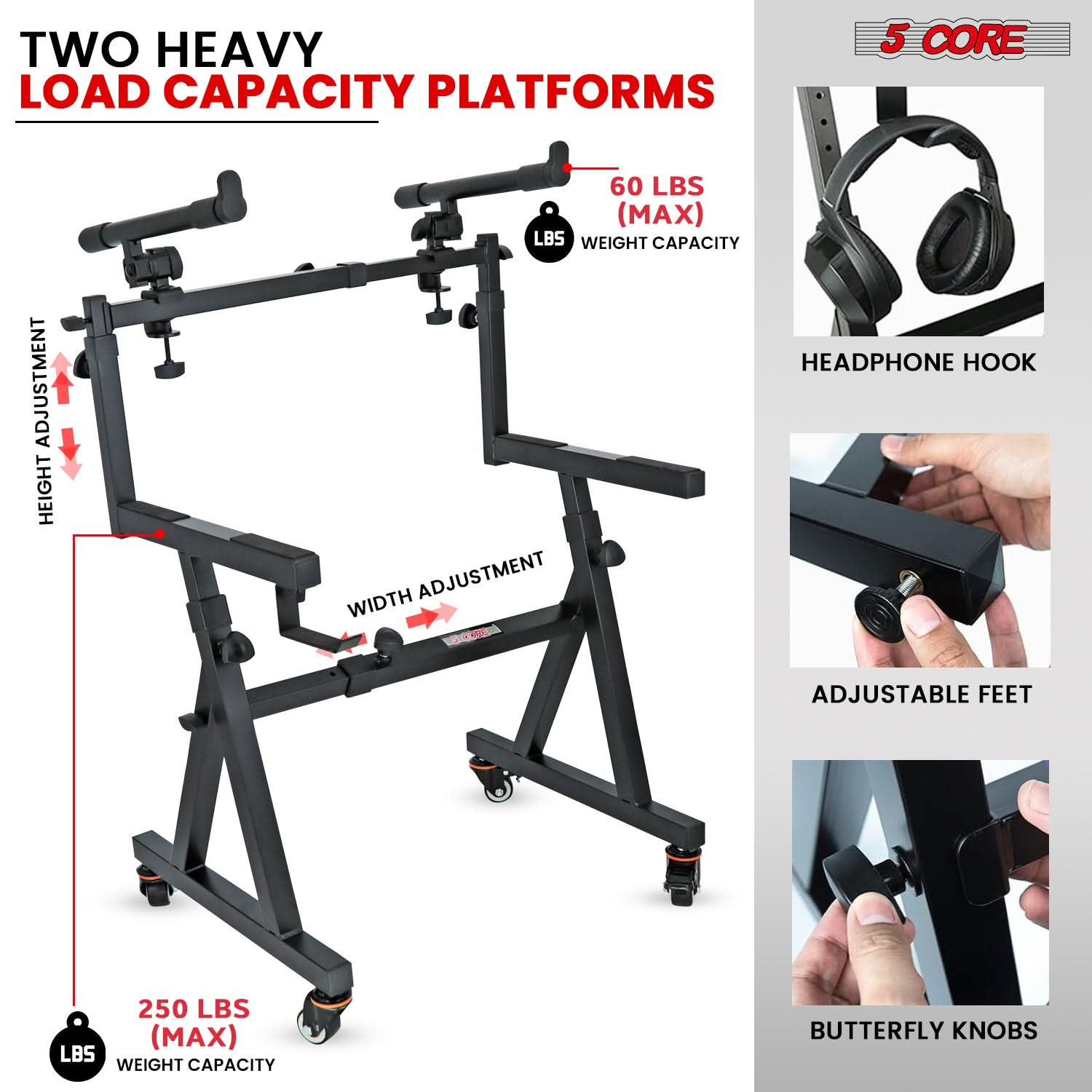 5Core 2 Tier Keyboard Stand Z Style Adjustable Electric Piano Riser Holder With Wheels