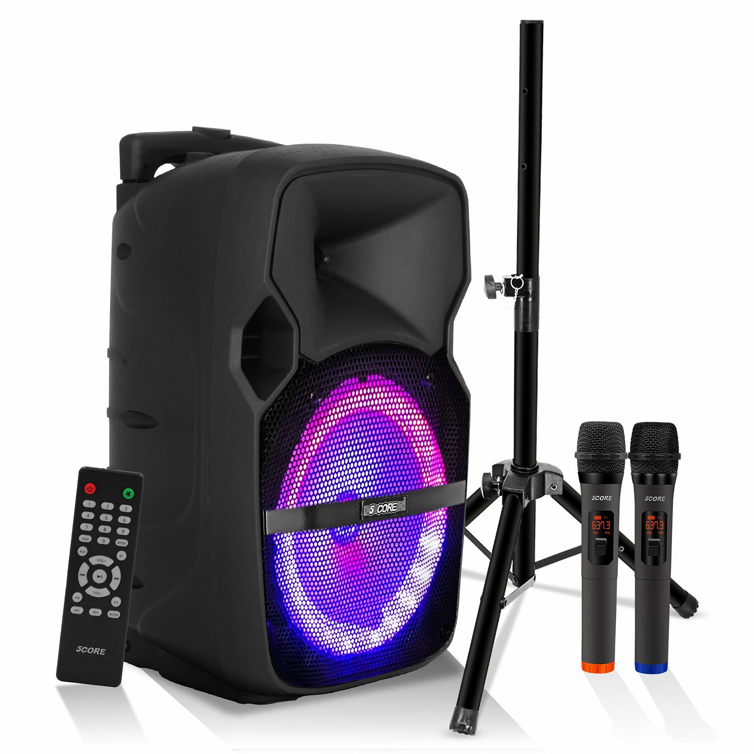 5Core 10 Inch PA Monitor DJ Speaker Bluetooth 400W  Portable Audio System + 2 UHF Wireless Microphones Black