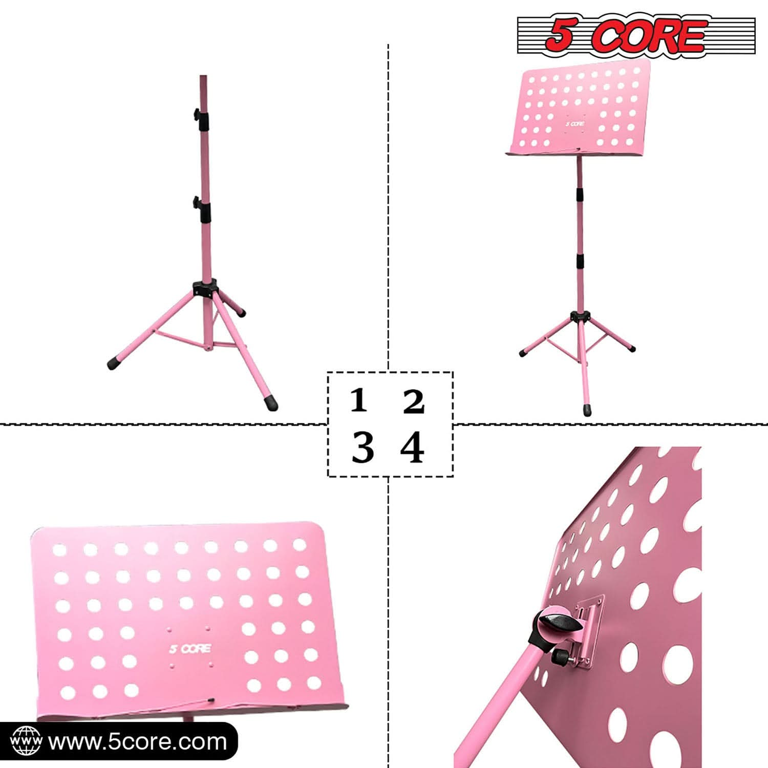 5Core Music Stand For Sheet Music Portable Tripod Adjustable Folding Note Holder PINK