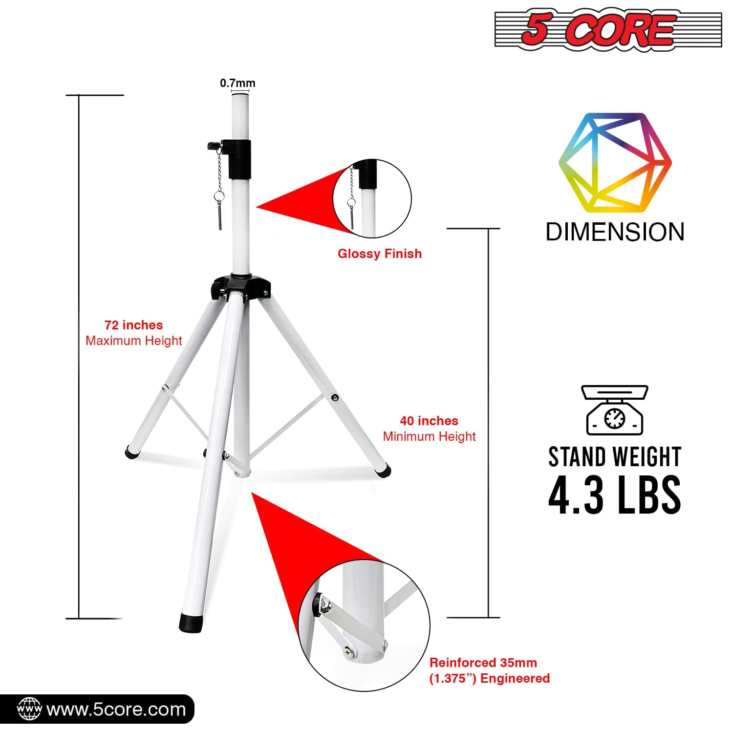 5Core Speaker Stand Tripod Tall Adjustable 72 Inch DJ Studio Monitor Stands Pole Mount