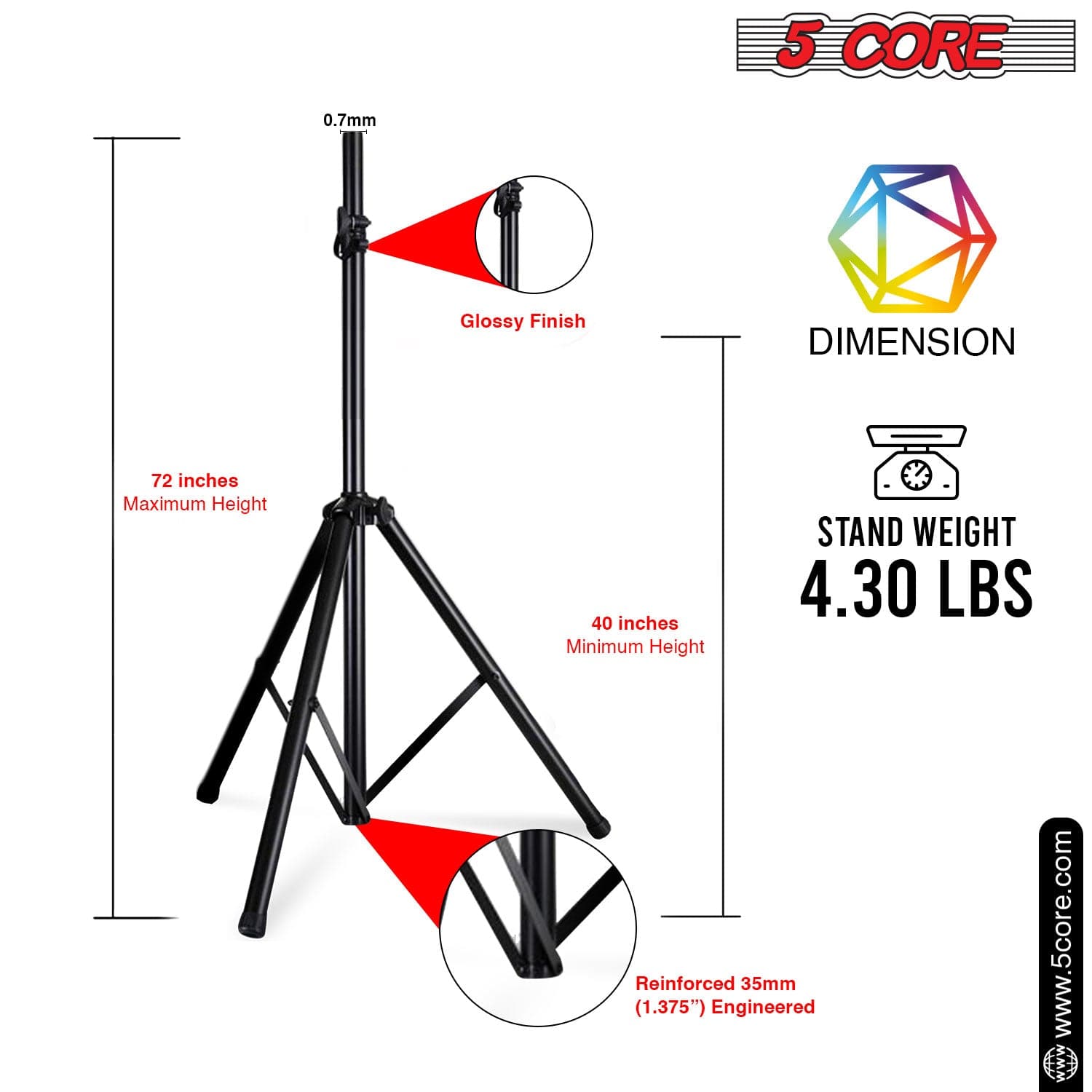 5Core Speaker Stand Tripod Tall Adjustable 72 Inch DJ Studio Monitor Stands Pole Mount