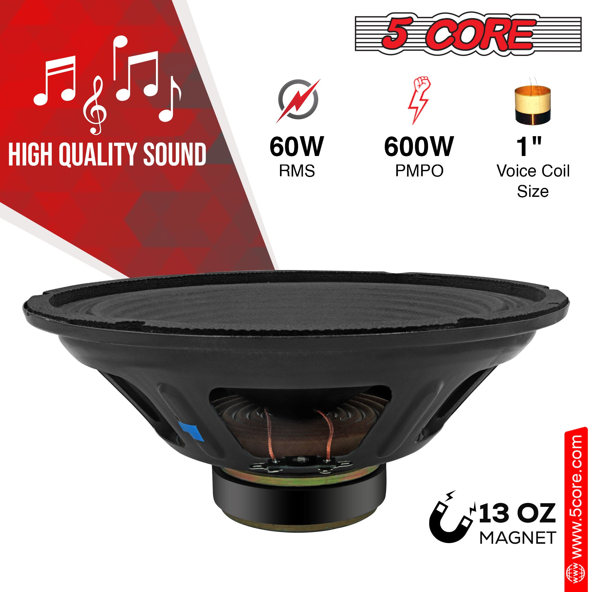 This Speaker has 60w RMS, 600w PMPO, 1 inch Voice Coil Size.