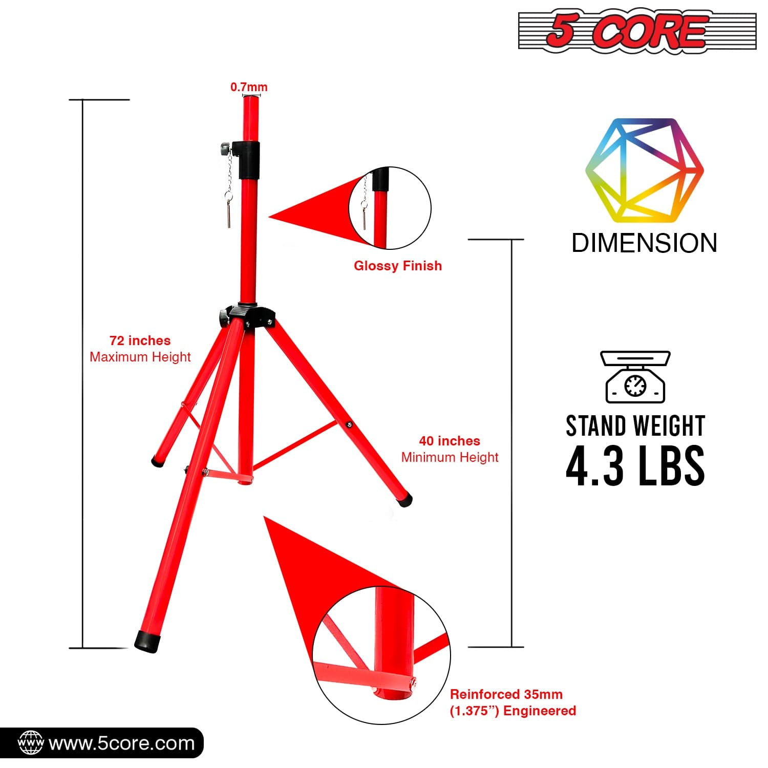 5Core Speaker Stand Tripod Tall Adjustable 72 Inch DJ Studio Monitor Stands Pole Mount