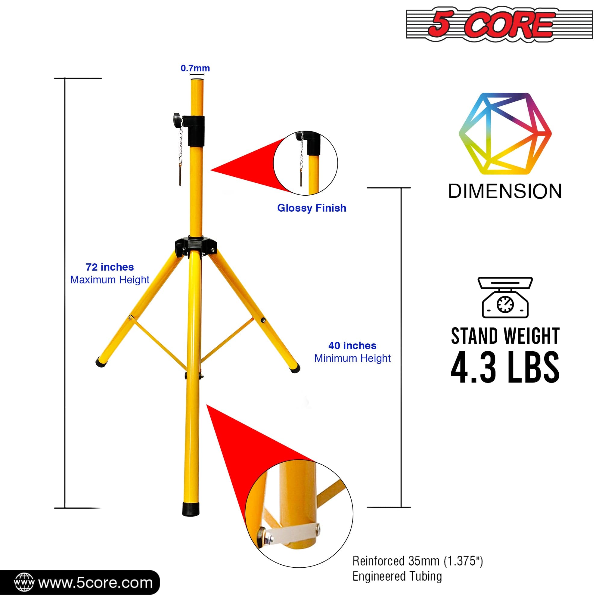 5Core Speaker Stand Tripod Tall Adjustable 72 Inch DJ Studio Monitor Stands Pole Mount