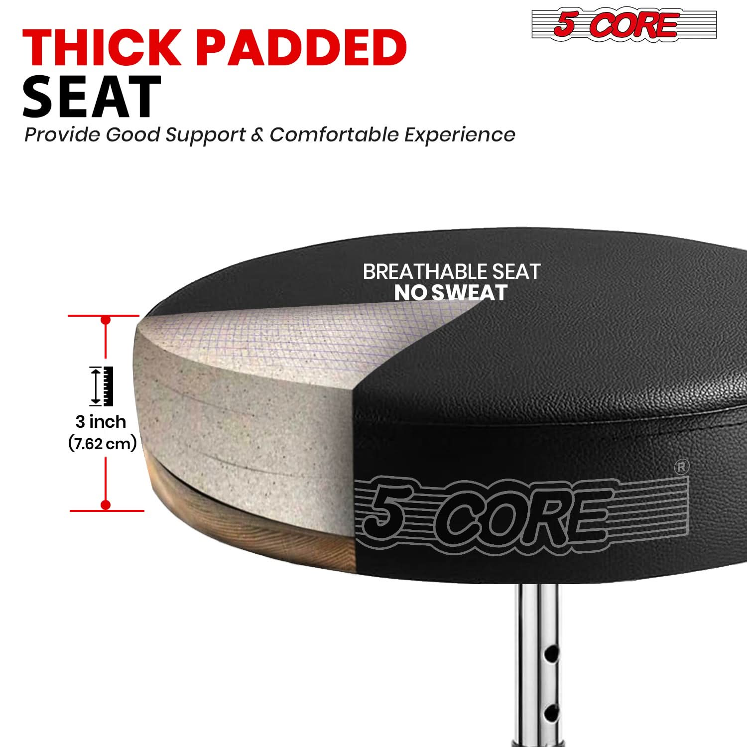 Thick padded drum stool for superior comfort and support during extended playing sessions