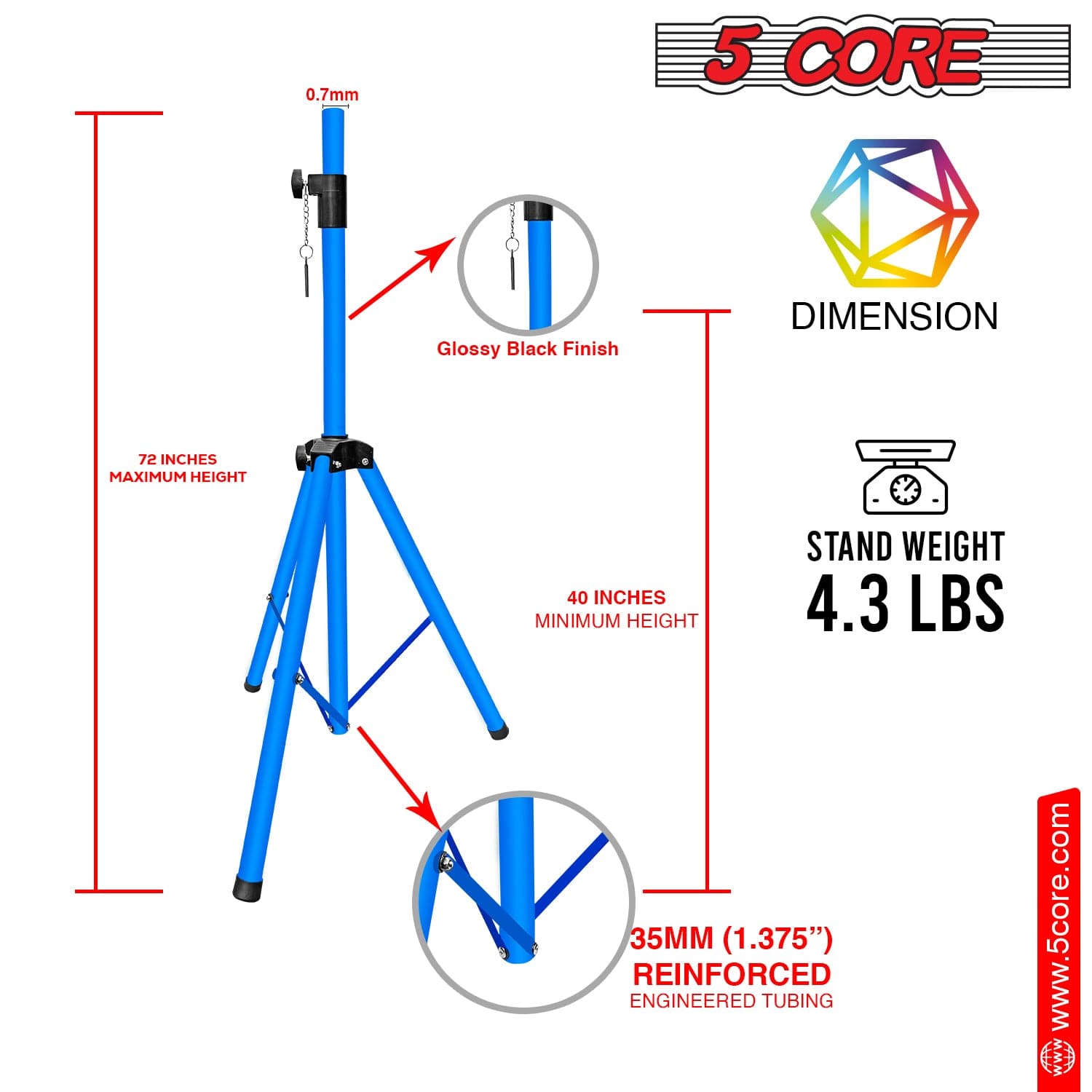 5Core Speaker Stand Tripod Tall Adjustable 72 Inch DJ Studio Monitor Stands Pole Mount BLACK