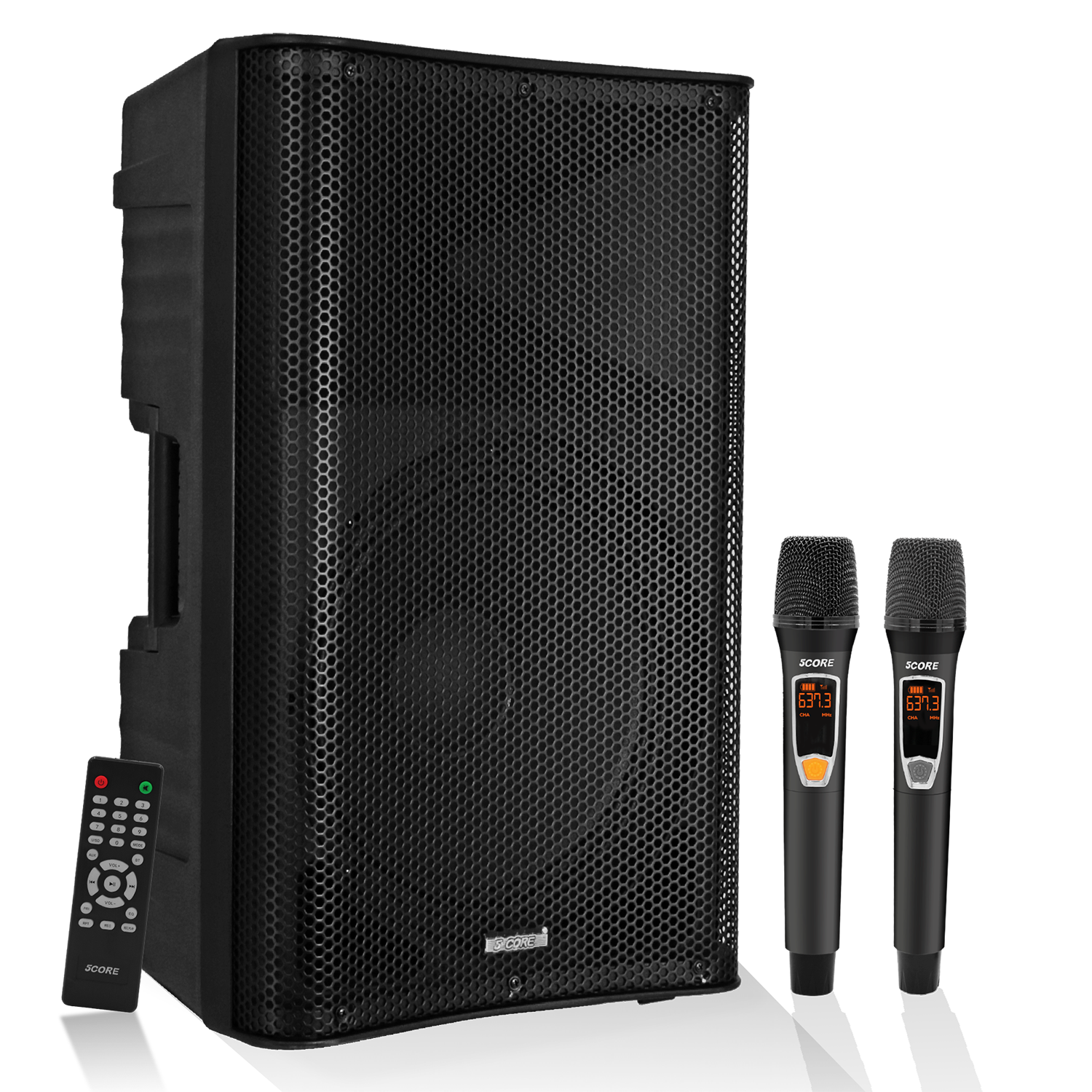5 Core 12 Inch PA Monitor DJ Speaker Bluetooth 1500W Portable Audio System + 2 UHF Wireless Microphones Black