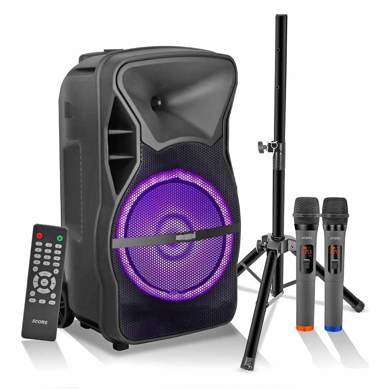 5Core Party Speaker Portable PA System 2 Wireless Mic Bluetooth Loud Big Powered DJ Karaoke Machine
