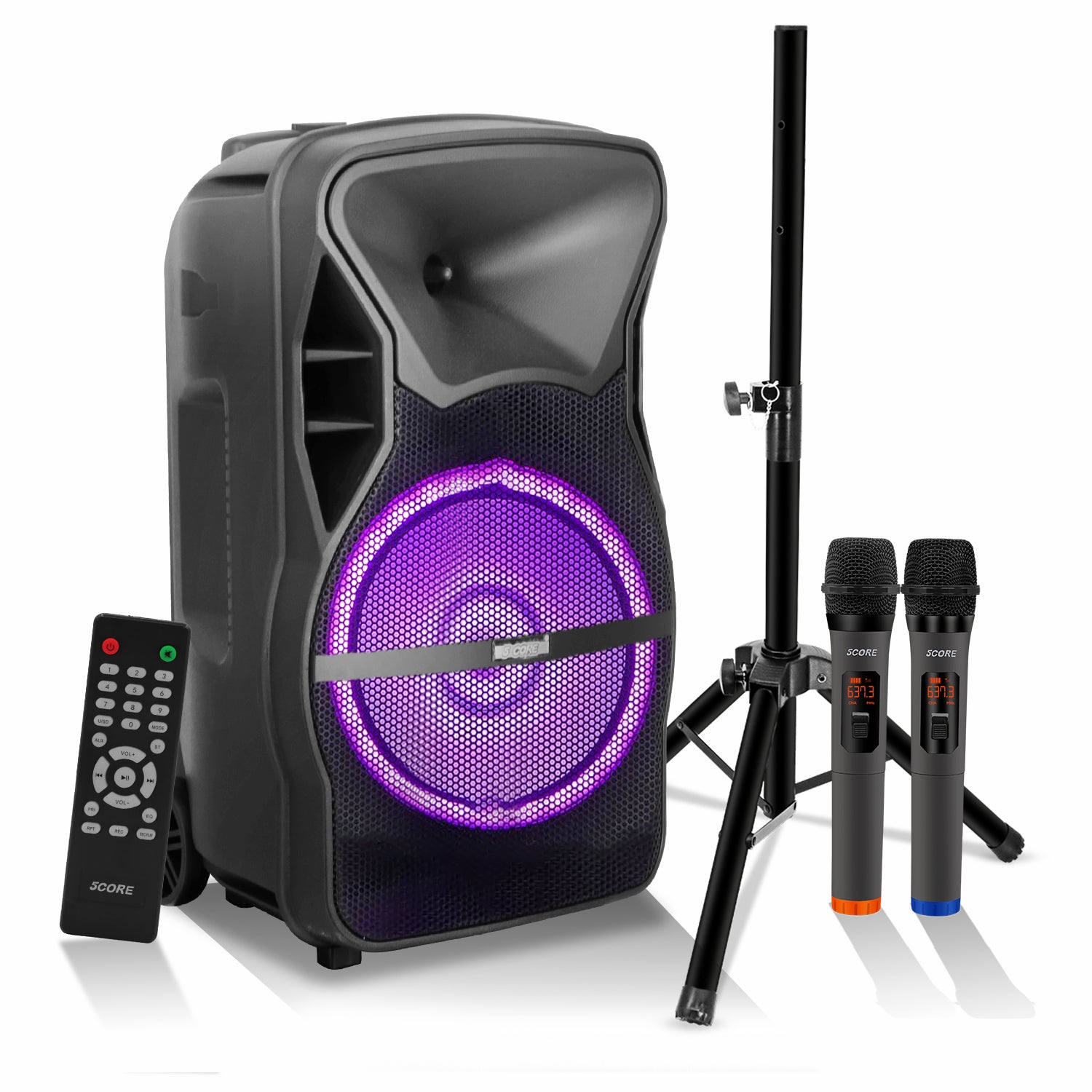 5 Core Powered PA Speaker 80W RMS Portable Active Powered DJ Audio System w Bluetooth 5.1 Two Wireless UHF Mics and Remote