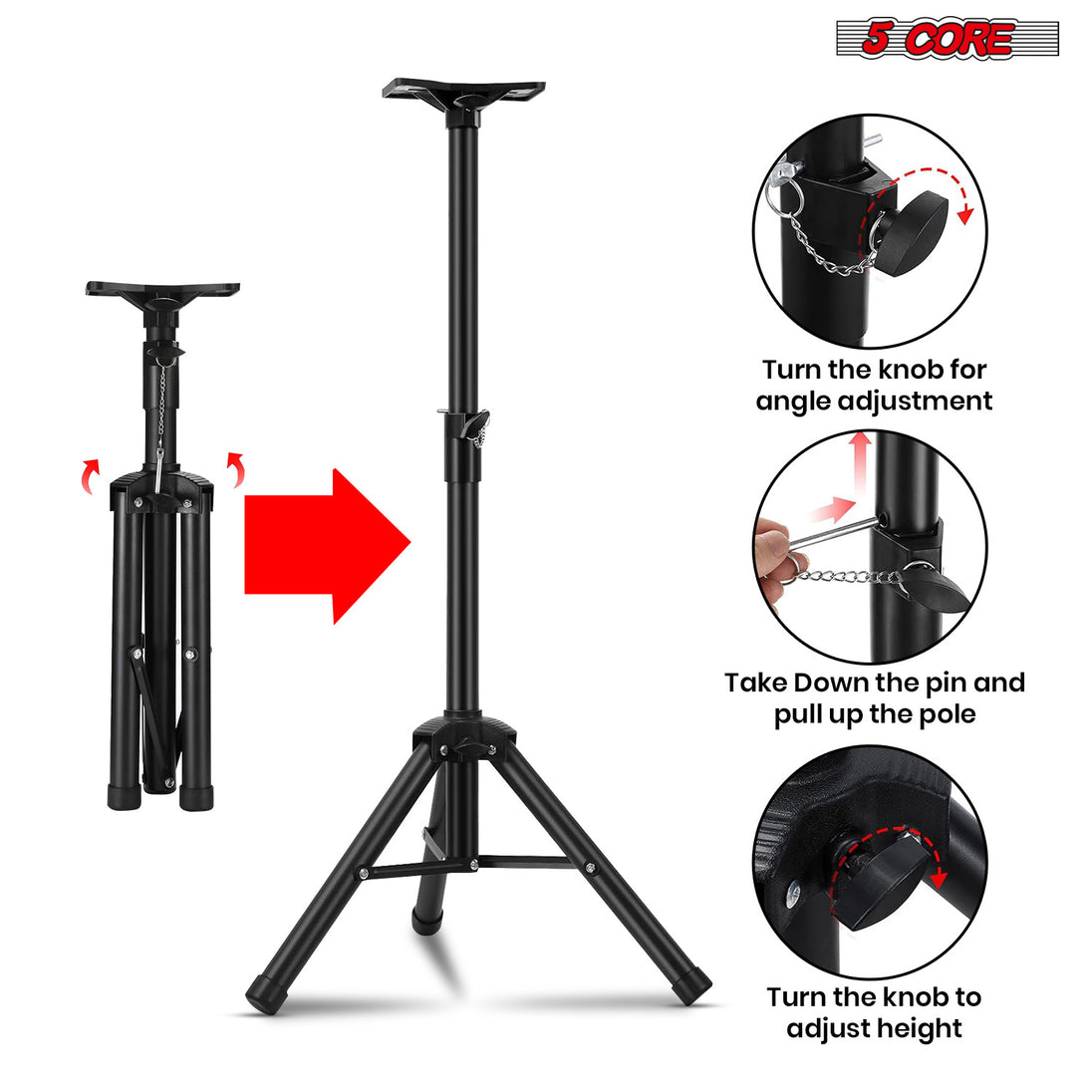 Adjustable tripod speaker stand with height, angle knobs, locking pin, and foldable design by 5 Core.