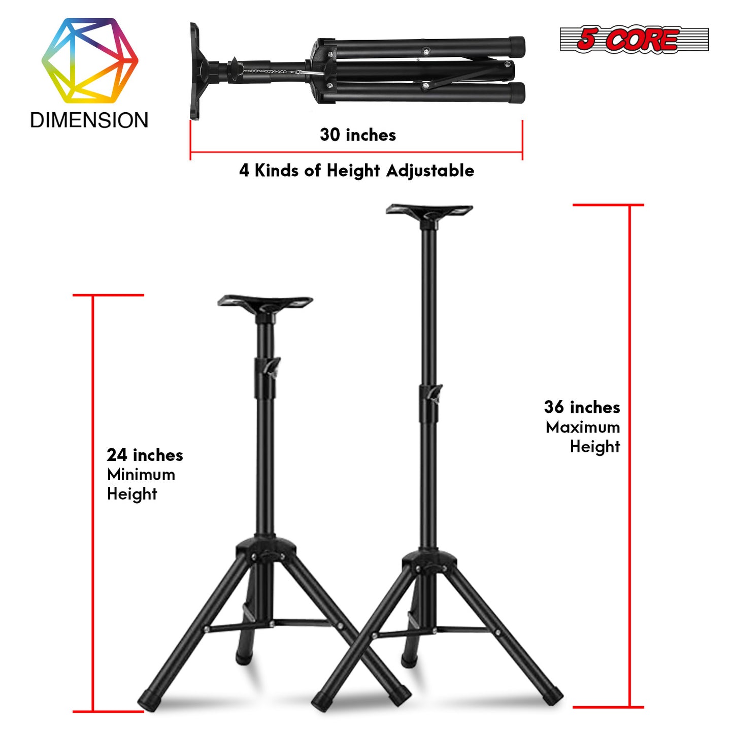 Adjustable tripod stand with a height range of 24 to 36 inches and a compact 30-inch foldable design.