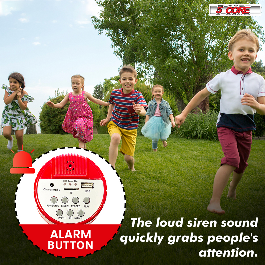 Alarm button for instant loud alerts—grab attention quickly in any situation.