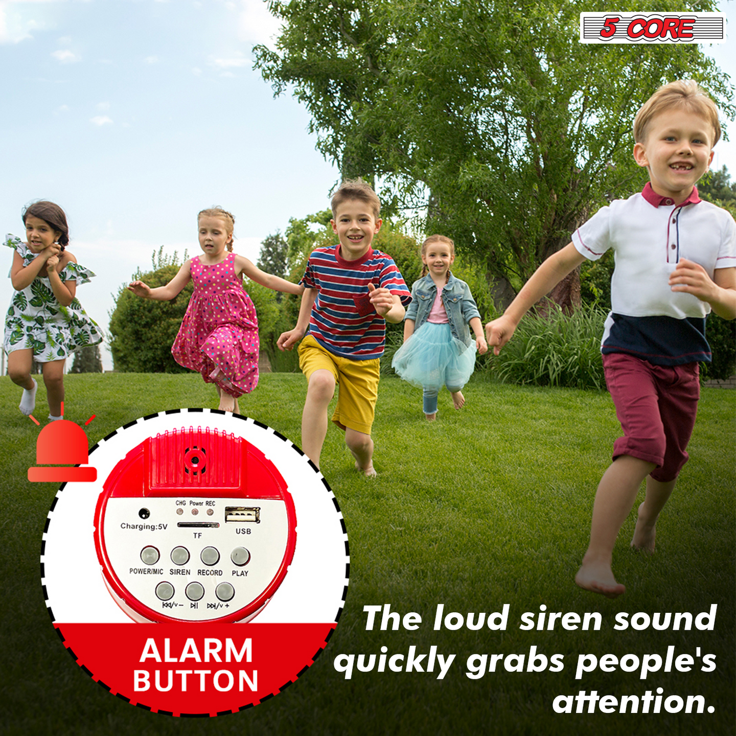 Alarm button for instant loud alerts—grab attention quickly in any situation.