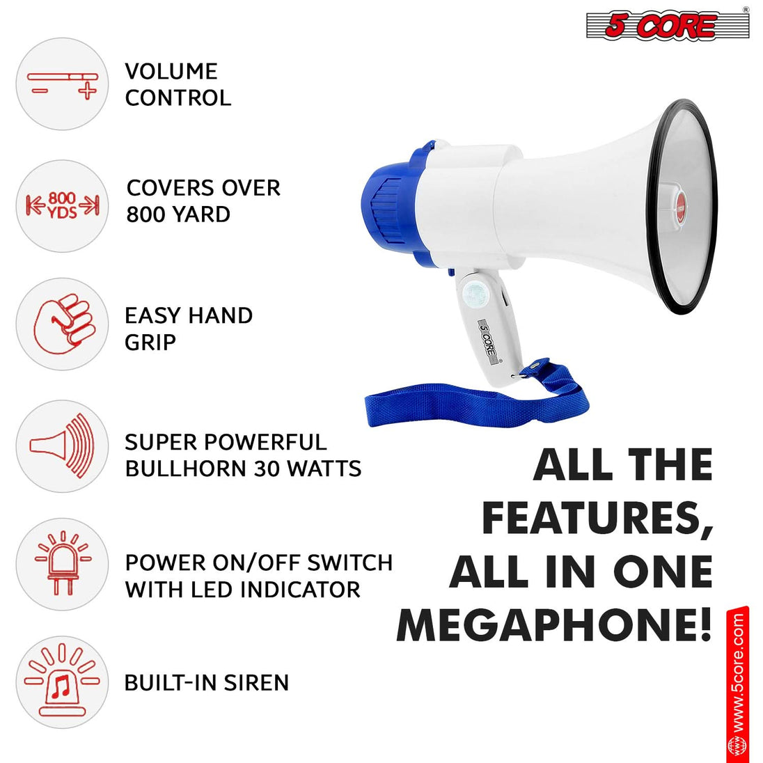 Featuring all-in-one functionality, this megaphone with siren delivers clear, loud sound for both indoor and outdoor events.