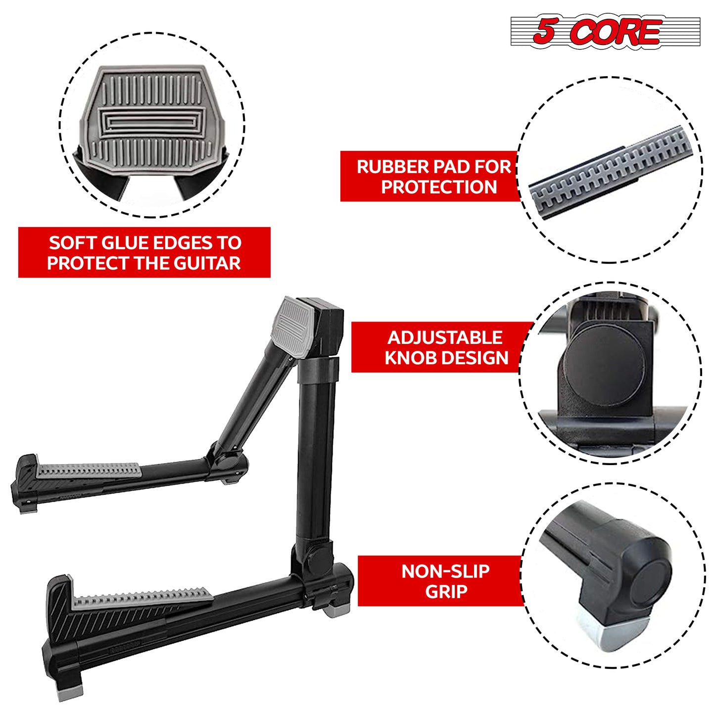 5 Core Guitar Stand Black| Lightweight Premium Aluminum Build Adjustable A-Frame Stand| Folding Floor Portable Music Instrument | Stand for Bass, Violin, Ukulele, Electric, and acoustic guitars- GSS AL BLK