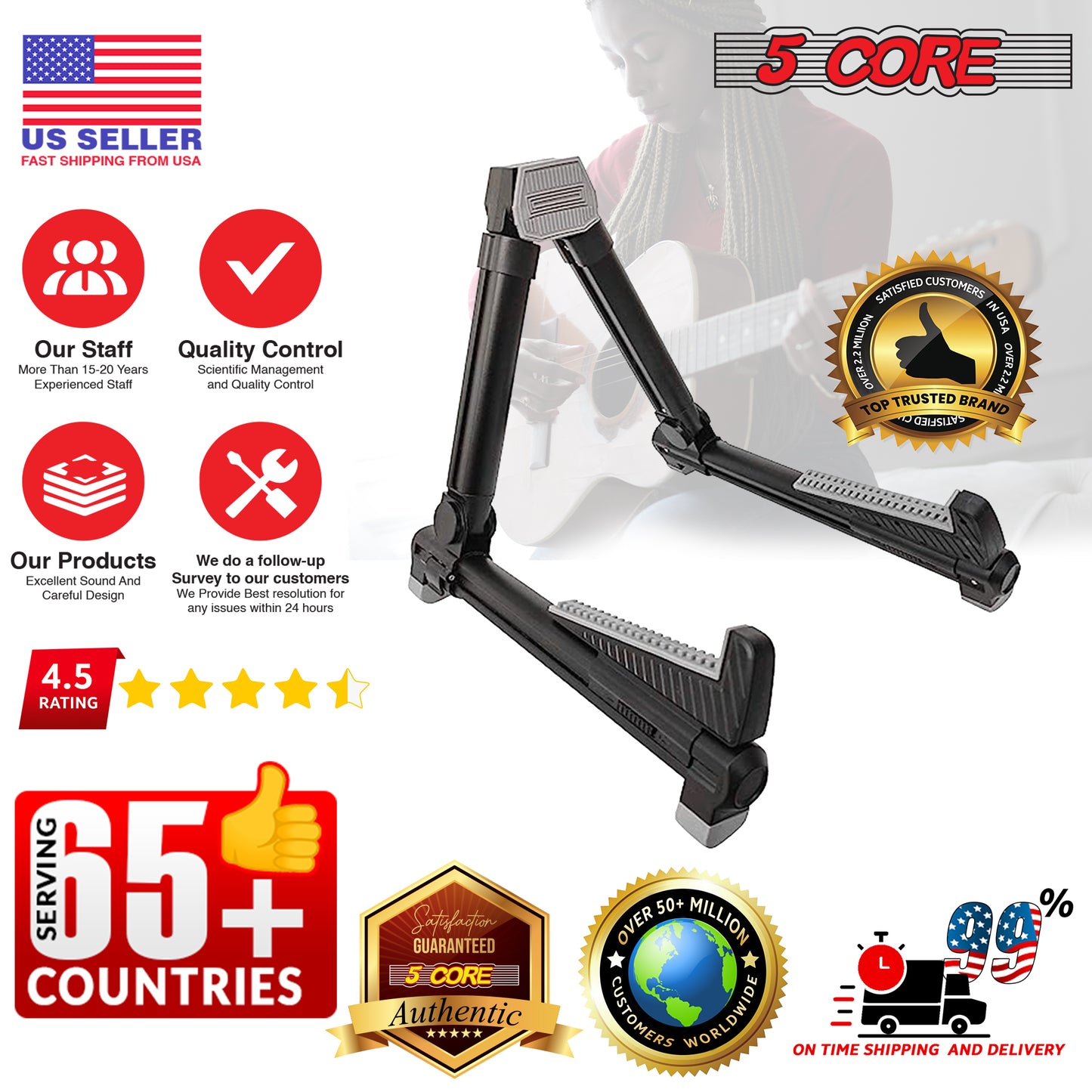 5 Core Guitar Stand Black| Lightweight Premium Aluminum Build Adjustable A-Frame Stand| Folding Floor Portable Music Instrument | Stand for Bass, Violin, Ukulele, Electric, and acoustic guitars- GSS AL BLK