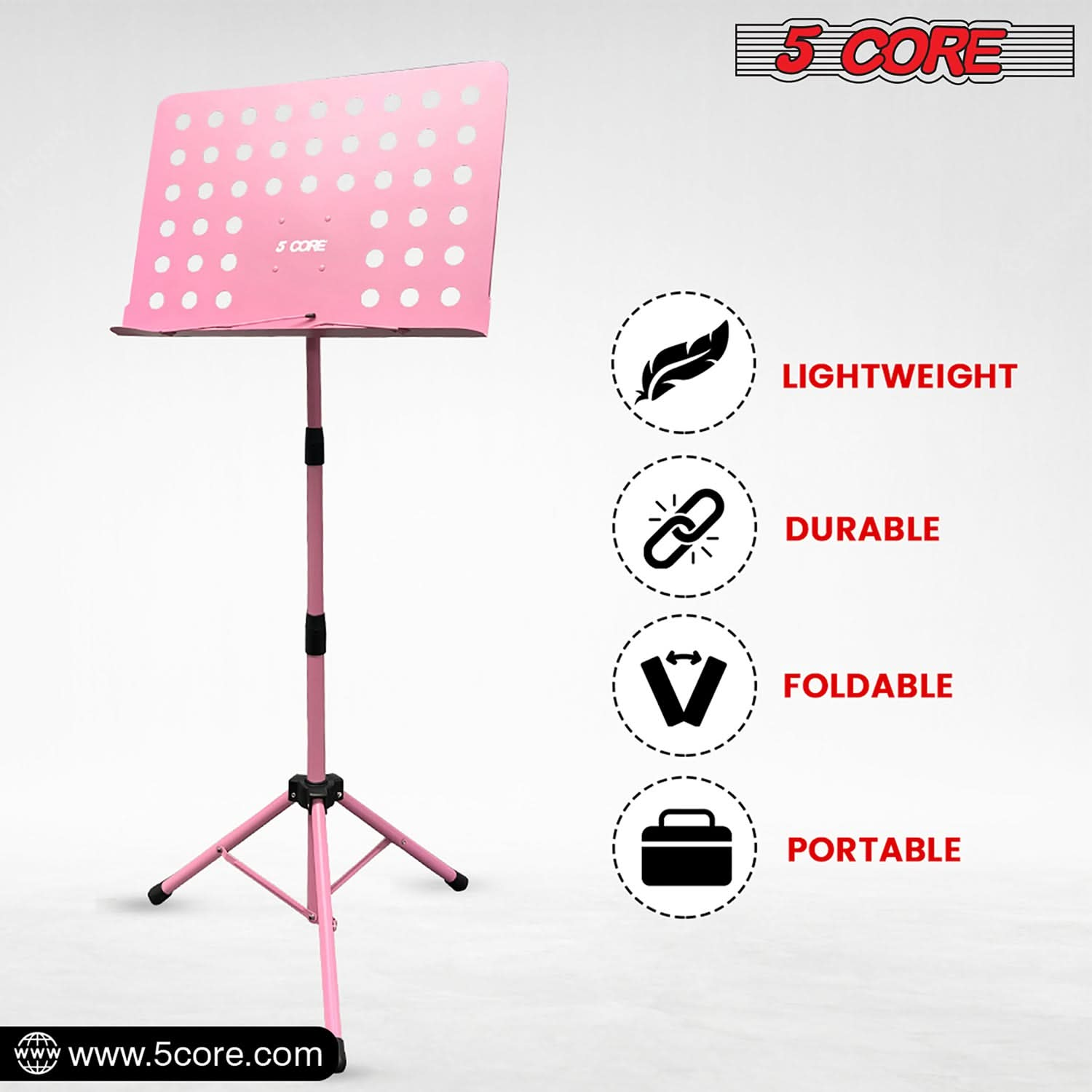 5Core Music Stand For Sheet Music Portable Tripod Adjustable Folding Note Holder PINK