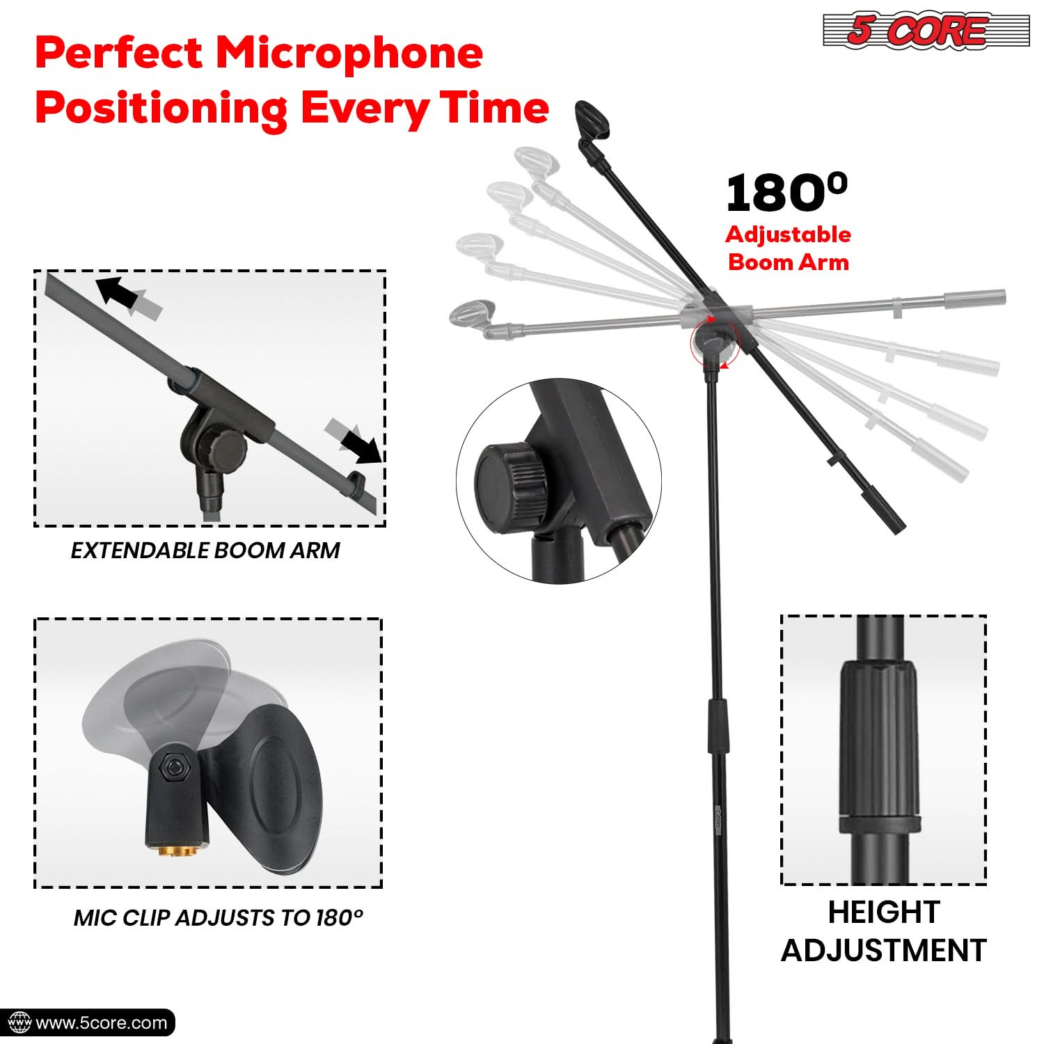 5Core Tripod Mic Stand Heavy Duty Adjustable Holder Floor Microphone Boom Arm BLACK