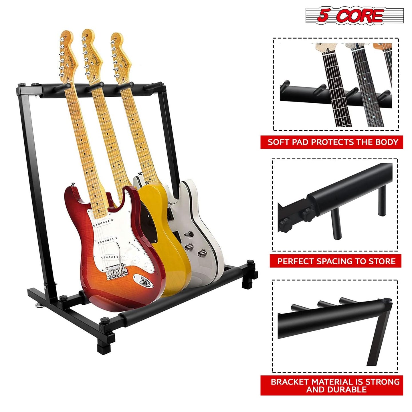 This 3-slot guitar rack offers sturdy construction, padded supports, and compact storage for all guitar types