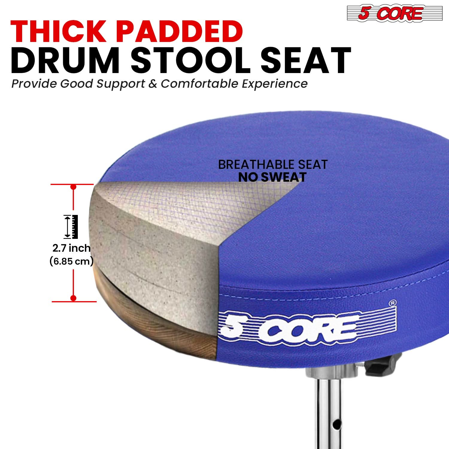 Thick padded drum stool for superior comfort and support during extended playing sessions