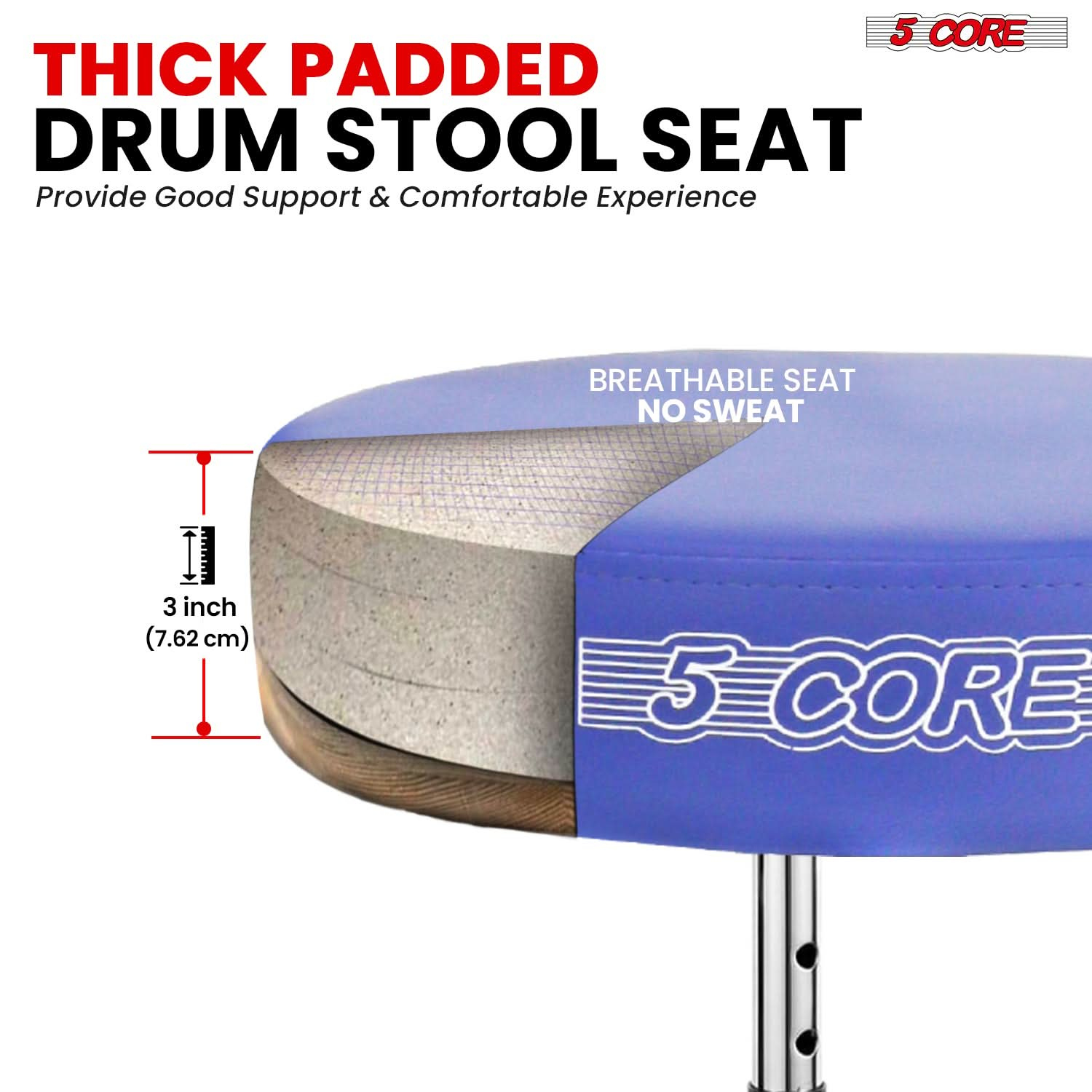 Thick padded drum stool for superior comfort and support during extended playing sessions