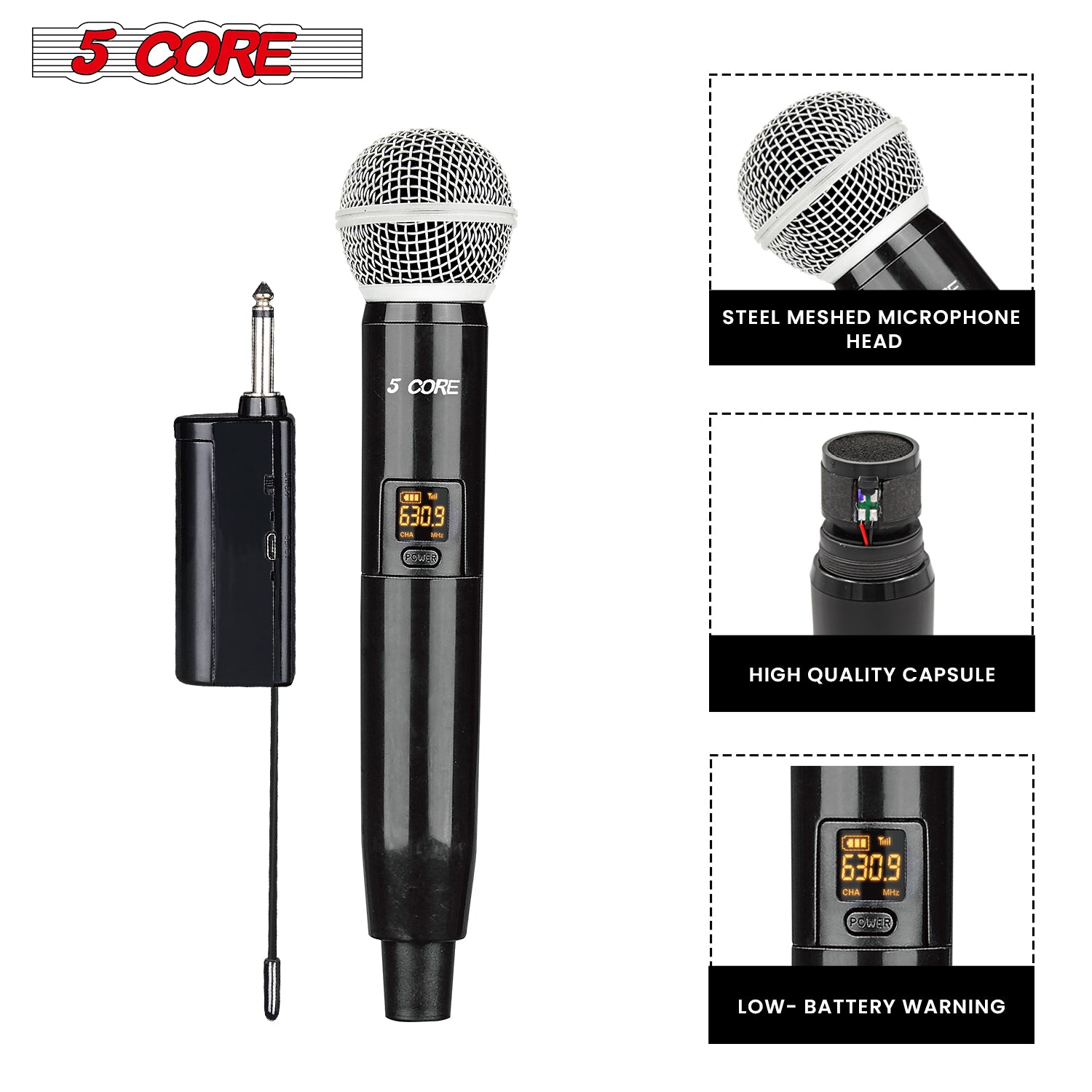 5 Core Wireless Dynamic VHF Microphones 165ft Range 5 Core