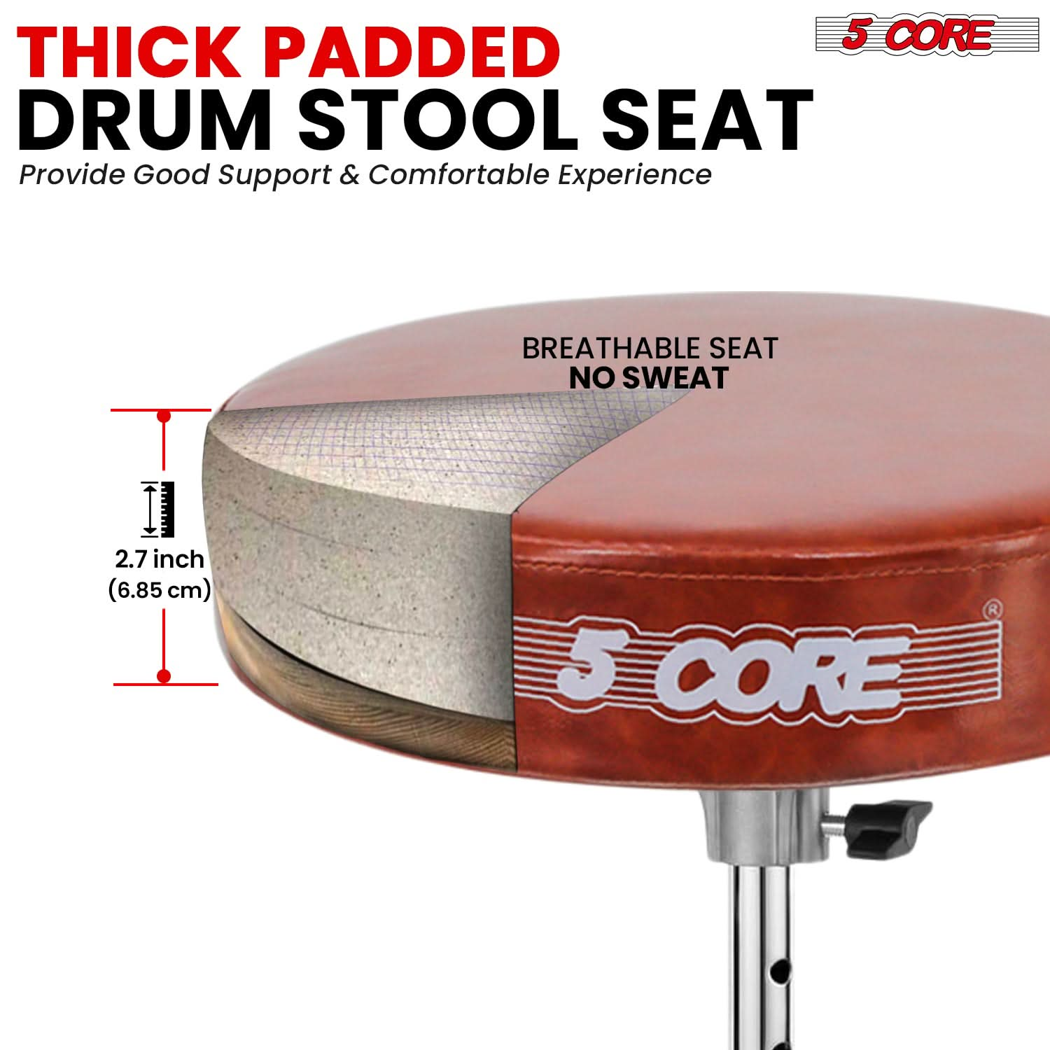 Thick padded drum stool for superior comfort and support during extended playing sessions