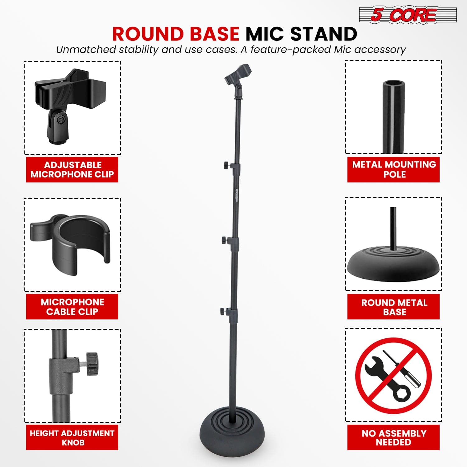 5Core Mic Stand Floor Adjustable Universal Heavy Duty Microphone Stands Round Base Soporte De micrófono