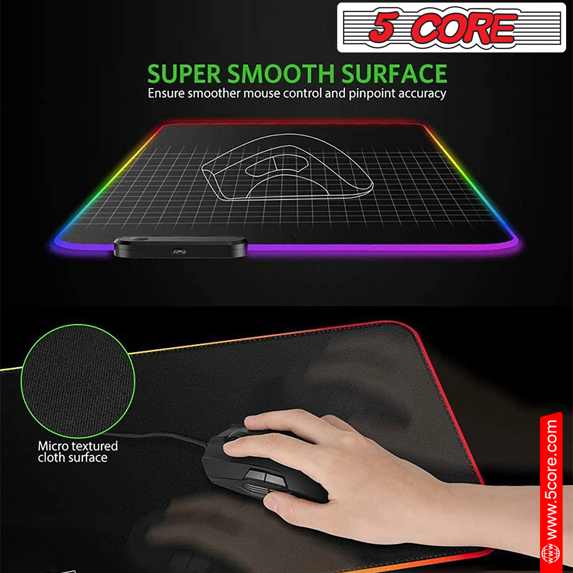 5 Core Large Mouse Pad Computer Mouse Mat with RGB Light Anti-Slip Rubber Base Easy Gliding Spill-Resistant Surface Extended Mousepad -KBP 800 RGB