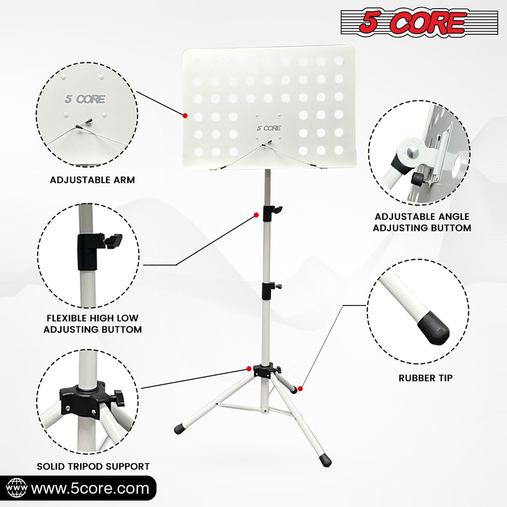 5 Core Sheet Music Stand White • Sturdy Portable Height Adjustable Music Note Holder Tripod Stands