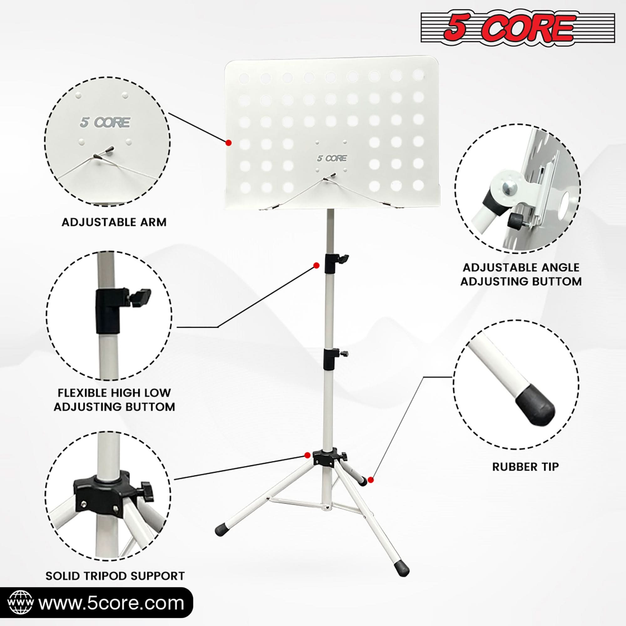 5Core Music Stand For Sheet Music Portable Tripod Adjustable Folding Note Holder WHITE