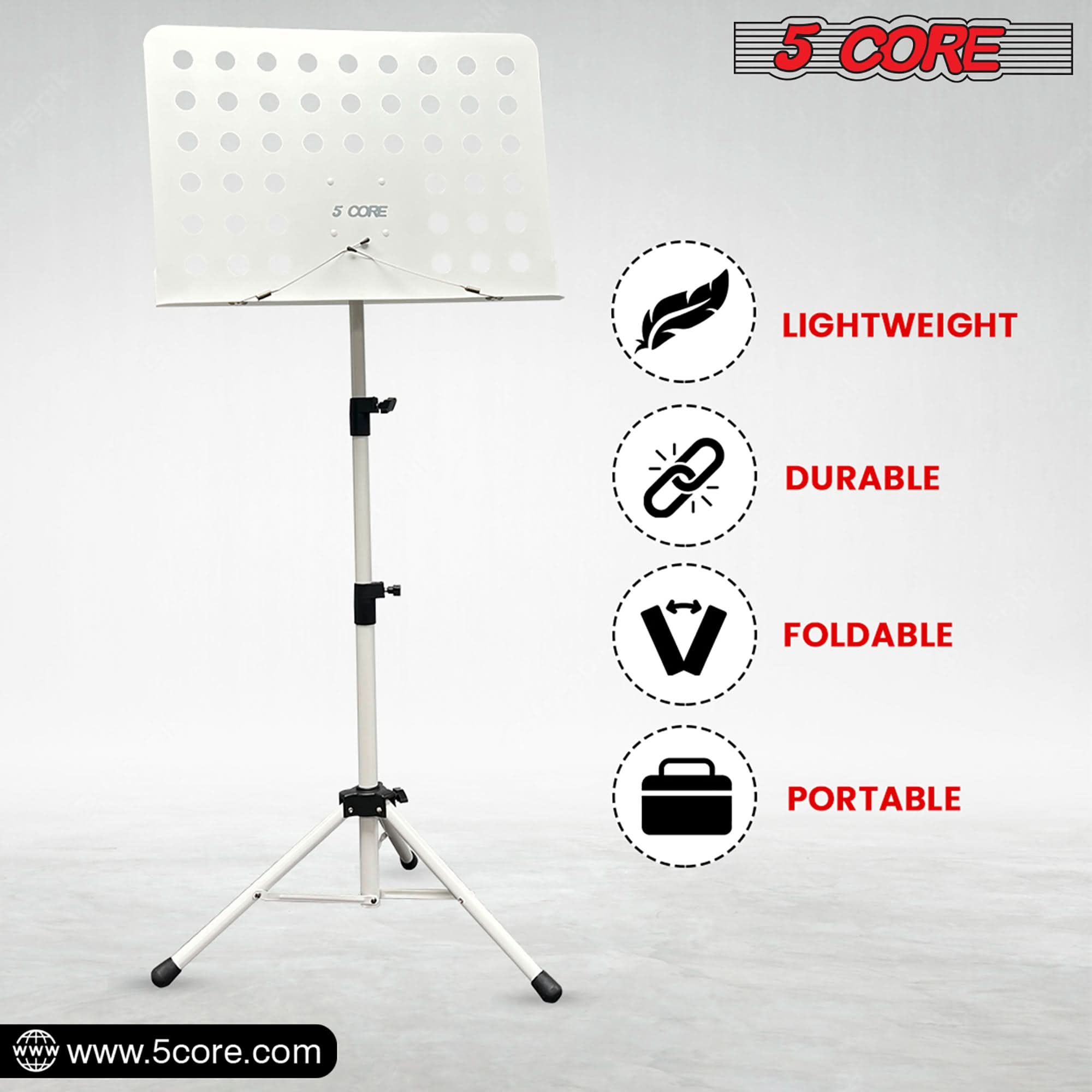 5Core Music Stand For Sheet Music Portable Tripod Adjustable Folding Note Holder WHITE