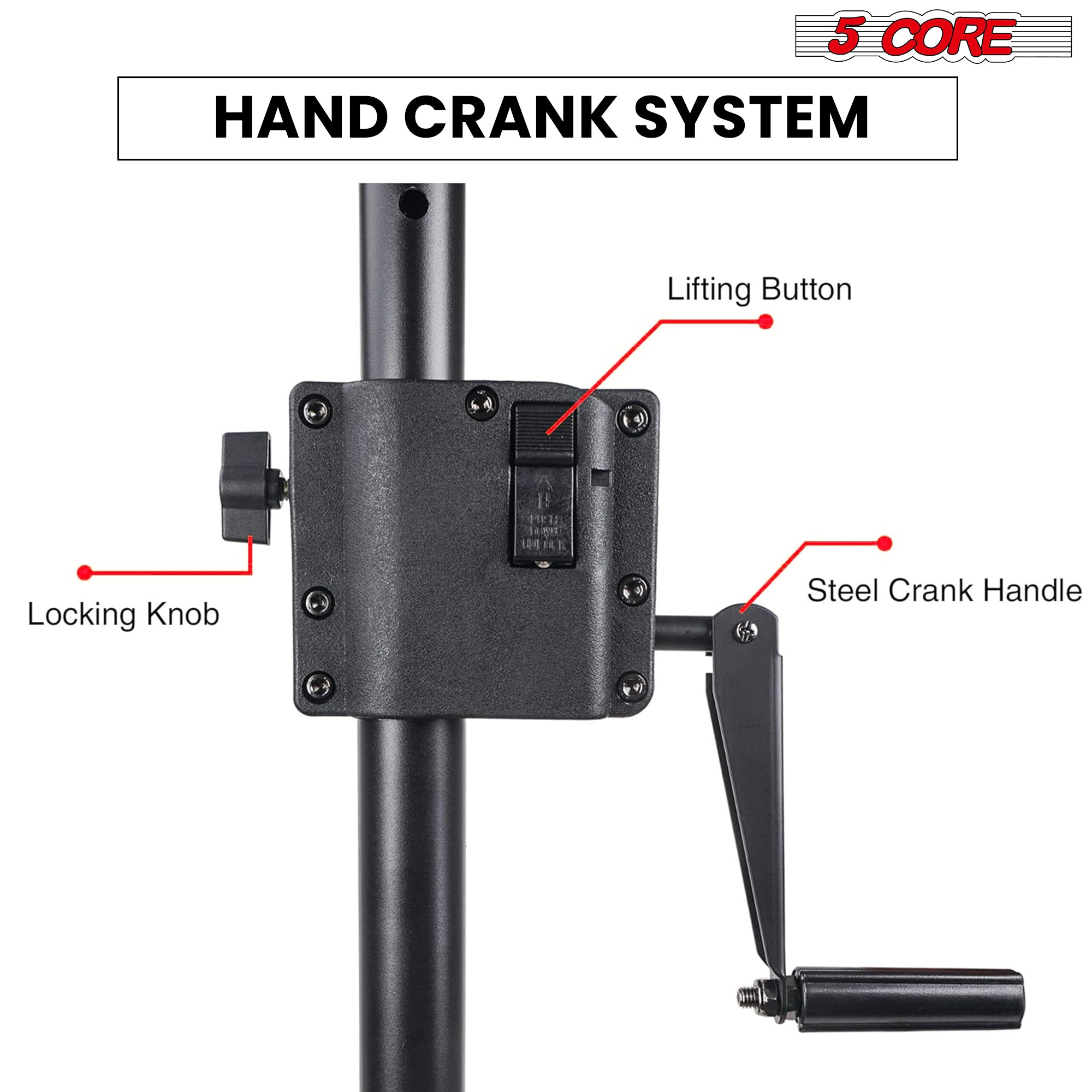 5 Core Speaker Stand - Aluminum Hub, Safety Switch, and Crank-Up Adjustability.
