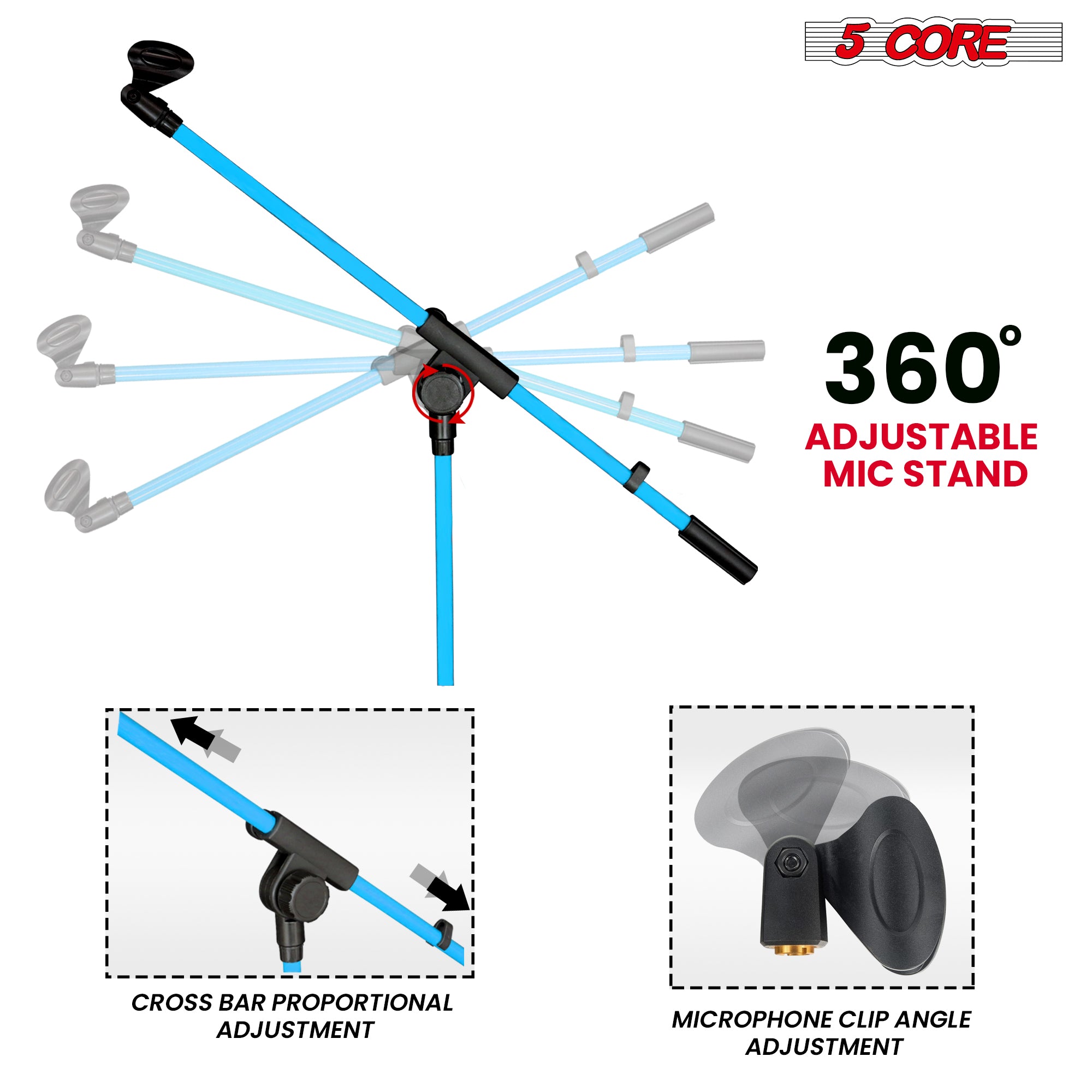 5 Core Mic Stand Sky Blue 1 Piece Collapsible Height Adjustable Up to 6ft Metal Microphone Tripod Stand w Boom Arm Para Microfono for Singing Karaoke Speech Stage Recording - MS 080 SKY BLU