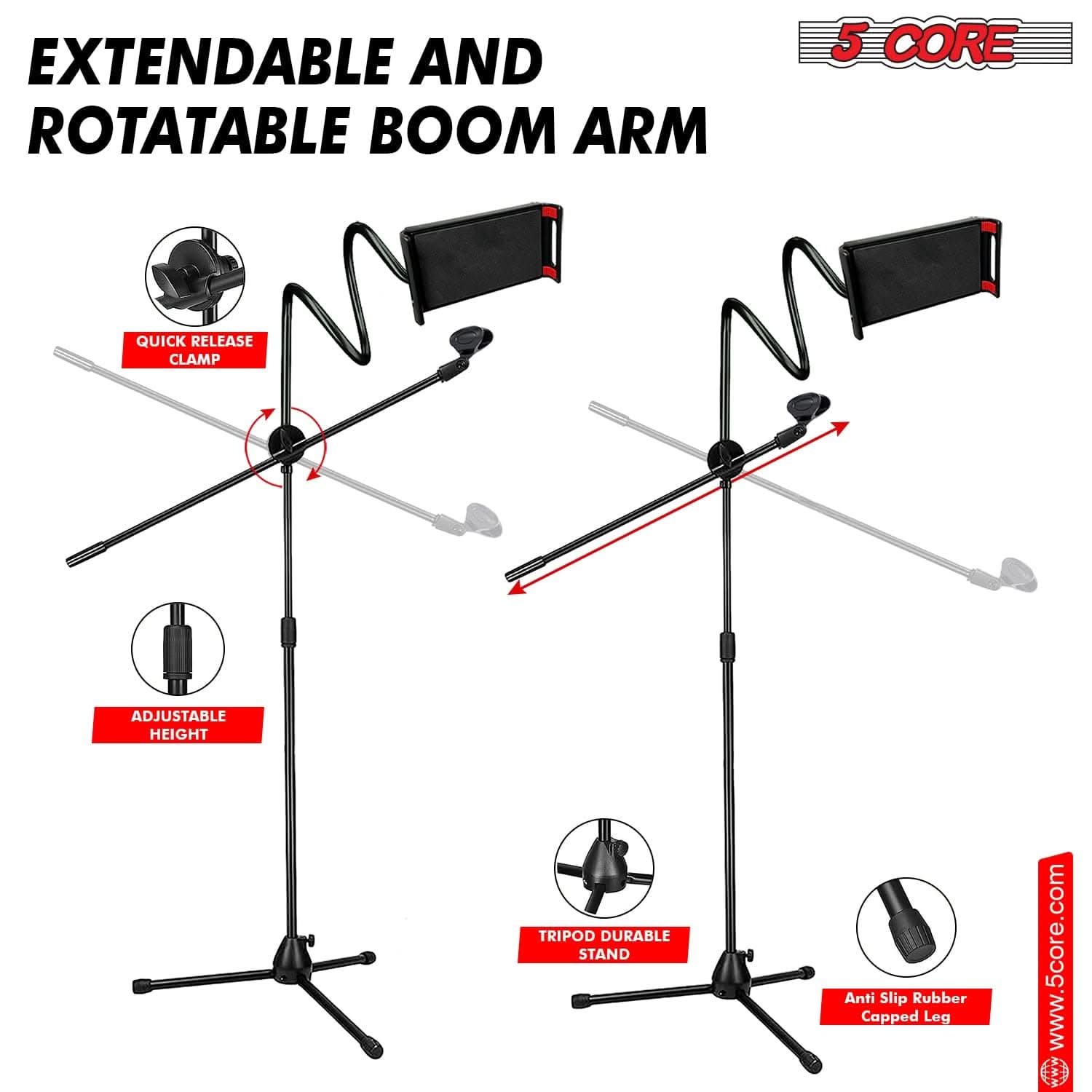 5 Core Tripod Mic Stand w Phone Holder Height Adjustable Microphone Mount Stands