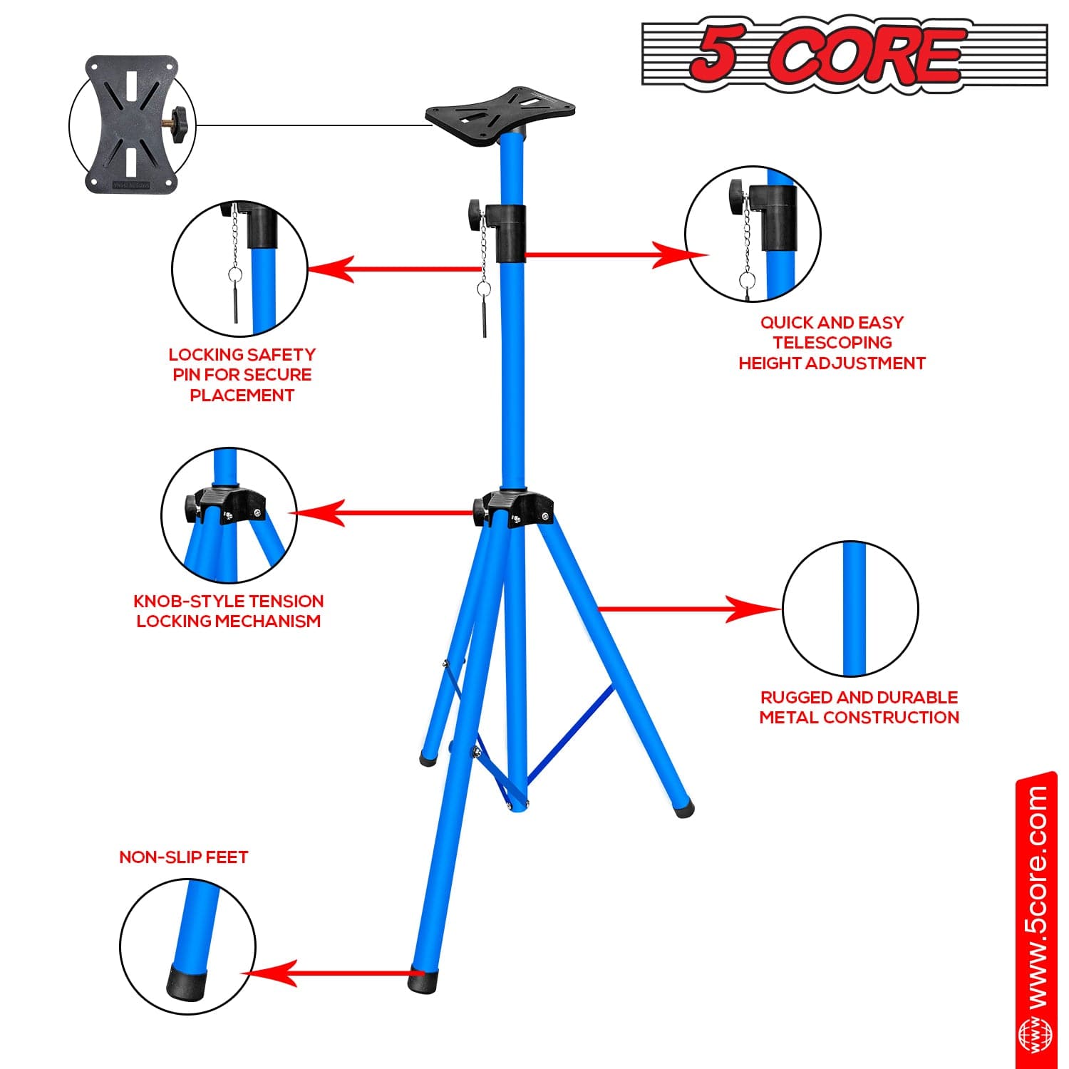 5Core Speaker Stand Tripod Tall Adjustable 72 Inch DJ Studio Monitor Stands Pole Mount