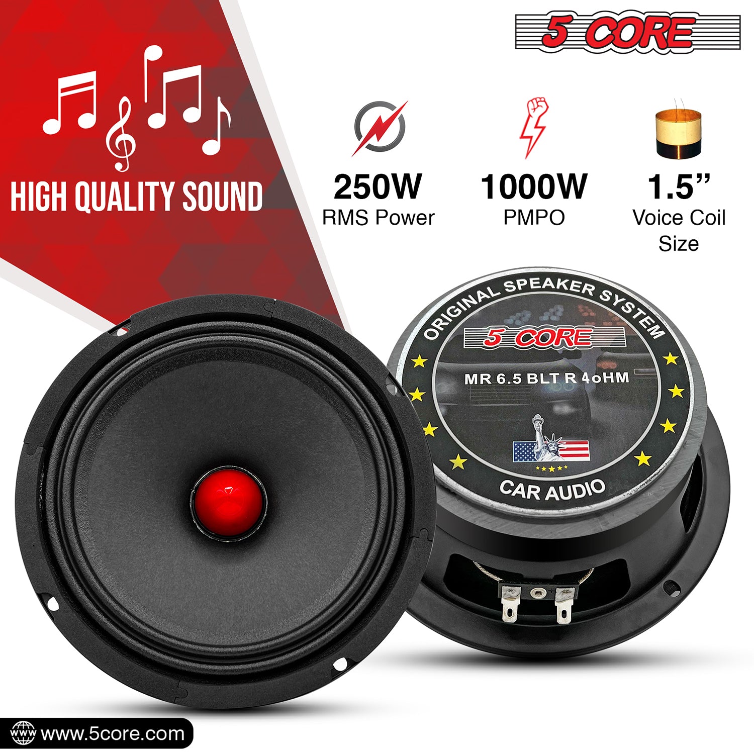 5 Core 6.5 Inch Midrange Door Speaker + Tweeter Combo 580W PMPO Subwoofer 300W PMPO Tweeters