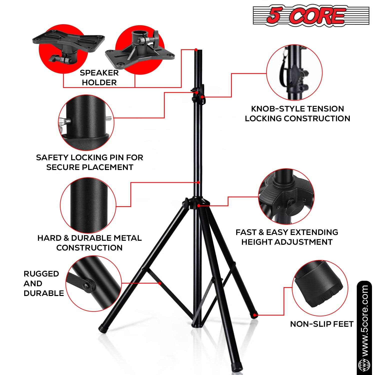 5Core Speaker Stand Tripod Tall Adjustable 72 Inch DJ Studio Monitor Stands Pole Mount