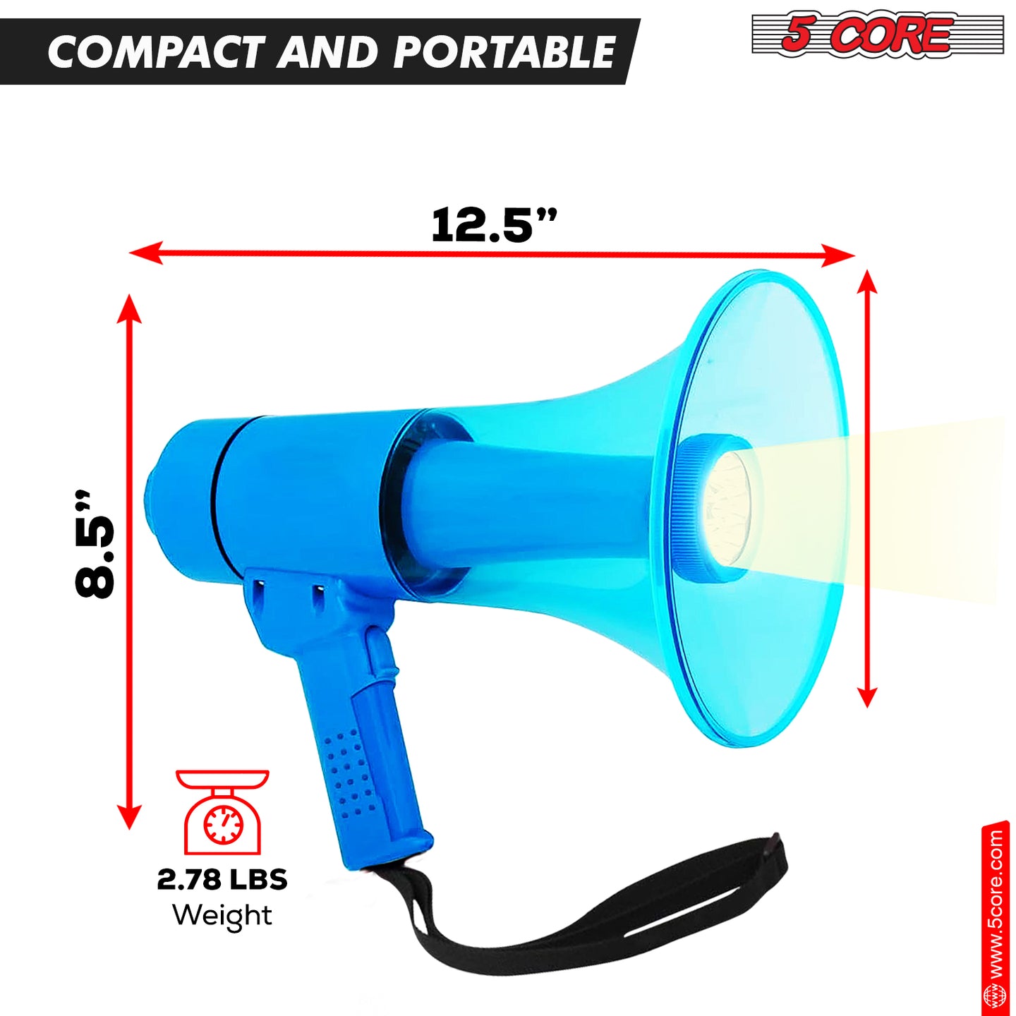 Lightweight bullhorn with a compact design, easy to carry, and powerful sound for indoor & outdoor use.